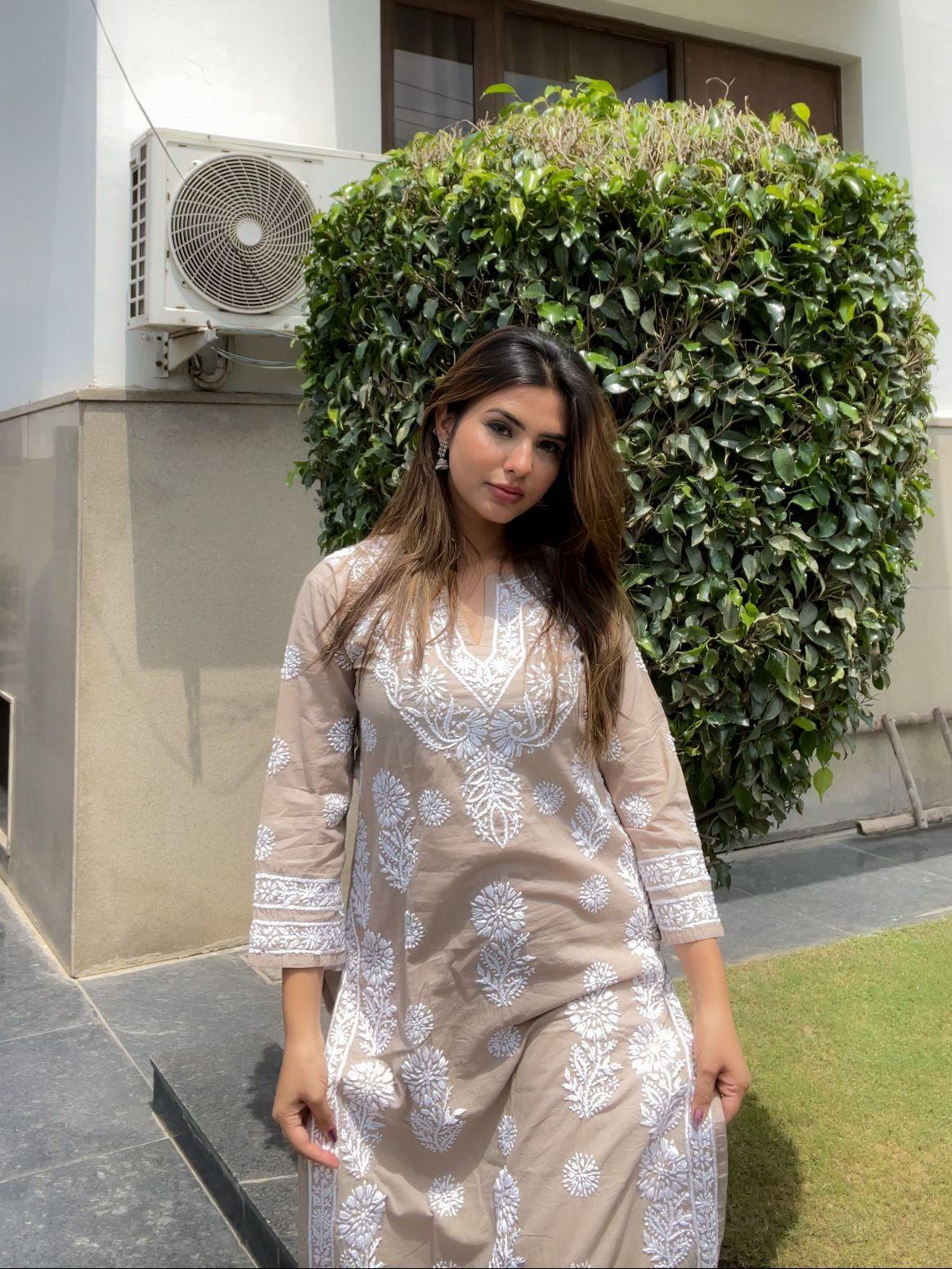 Aanchal in HOK Chikankari Long Kurti for Women Beige & White-2 - House Of Kari (Chikankari Clothing)