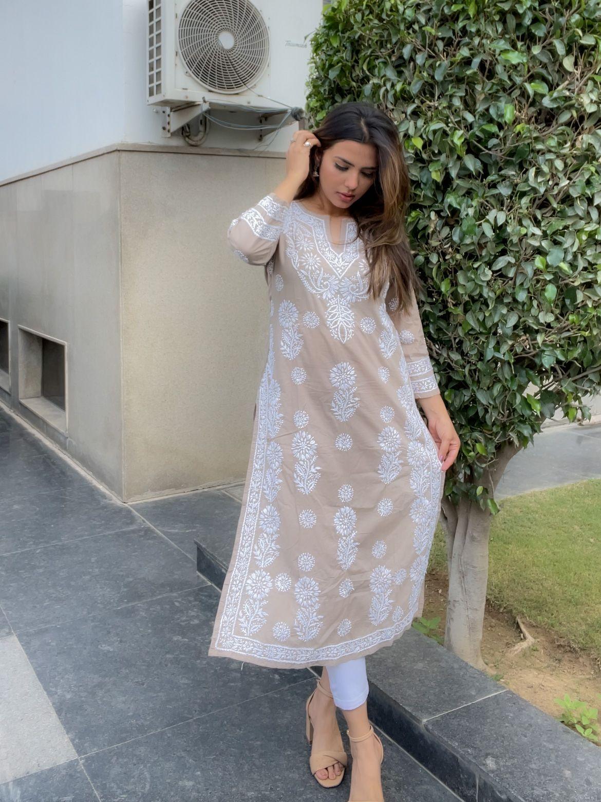 Aanchal in HOK Chikankari Long Kurti for Women Beige & White-2 - House Of Kari (Chikankari Clothing)