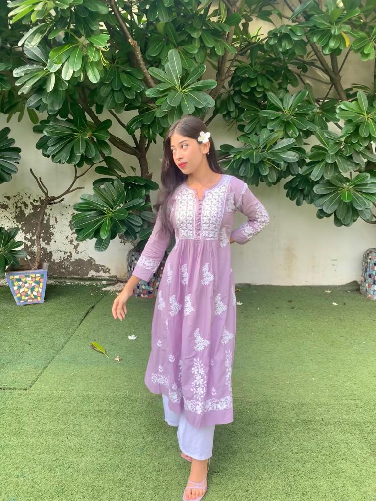 Nandini in Hand Embroidery Chikankari Long Kurti for Women | Stylish Casual | Fancy| Lavender & White-9