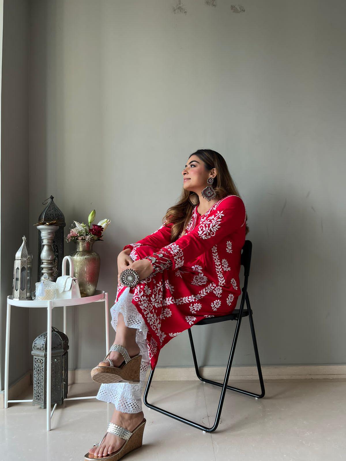 Gurleen Gambhir In Rayon Chikankari Long Kurti Red White - House Of Kari (Chikankari Clothing)