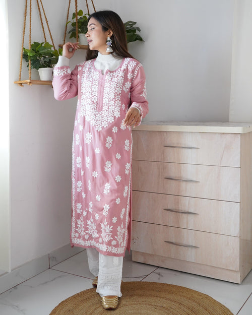 Arti Chauhan in Premium Hand Embroidery Chikankari Kurta Modal Cotton- Pink - House Of Kari (Chikankari Clothing)