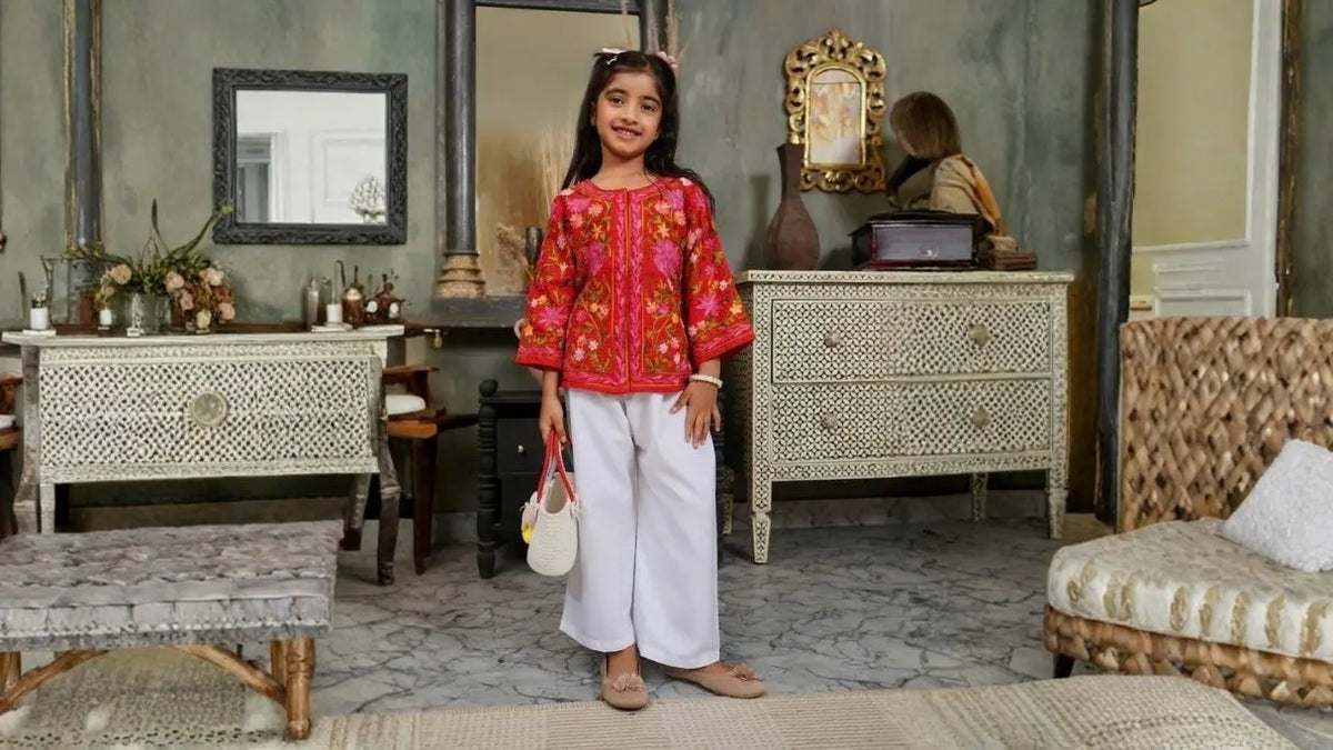 Girls Kashmiri Aari kurta set with colorful ethnic embroidery