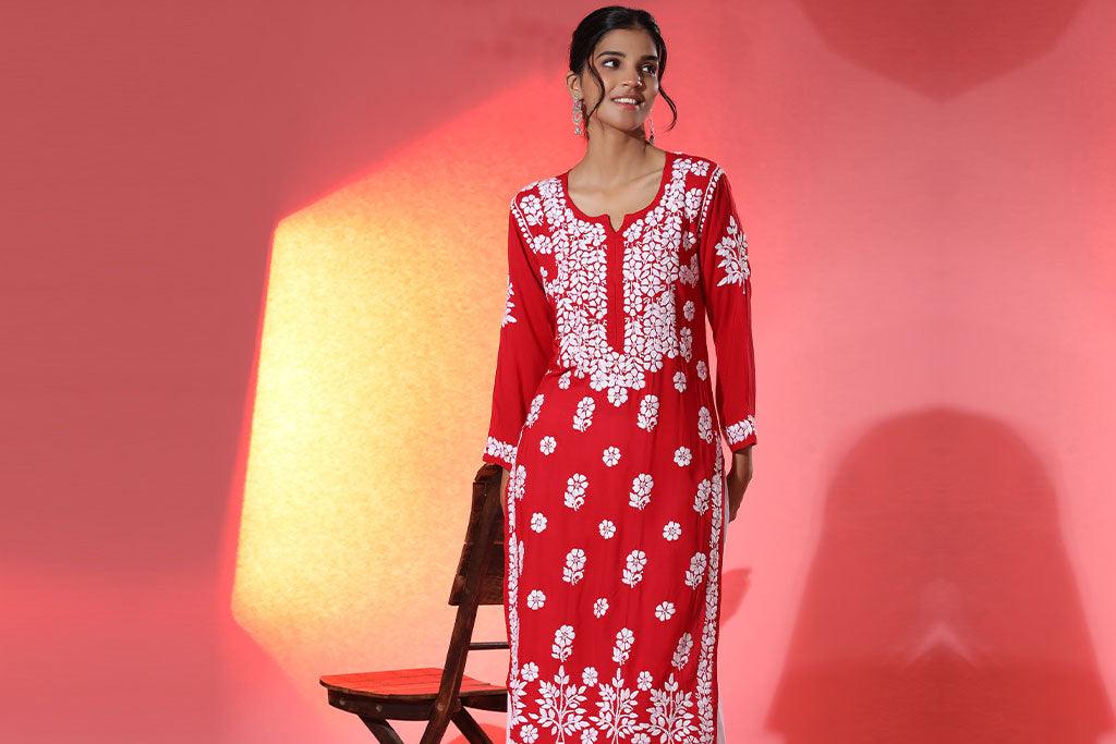 Red Chikankari Long Kurti 