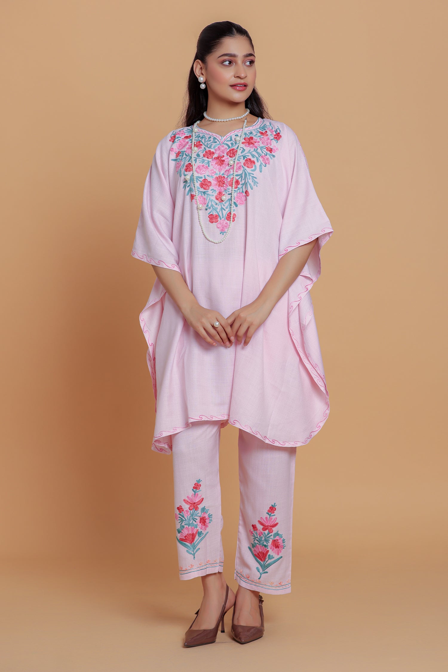 Cotton Kaftan Set in Kashmiri Aari - Pink