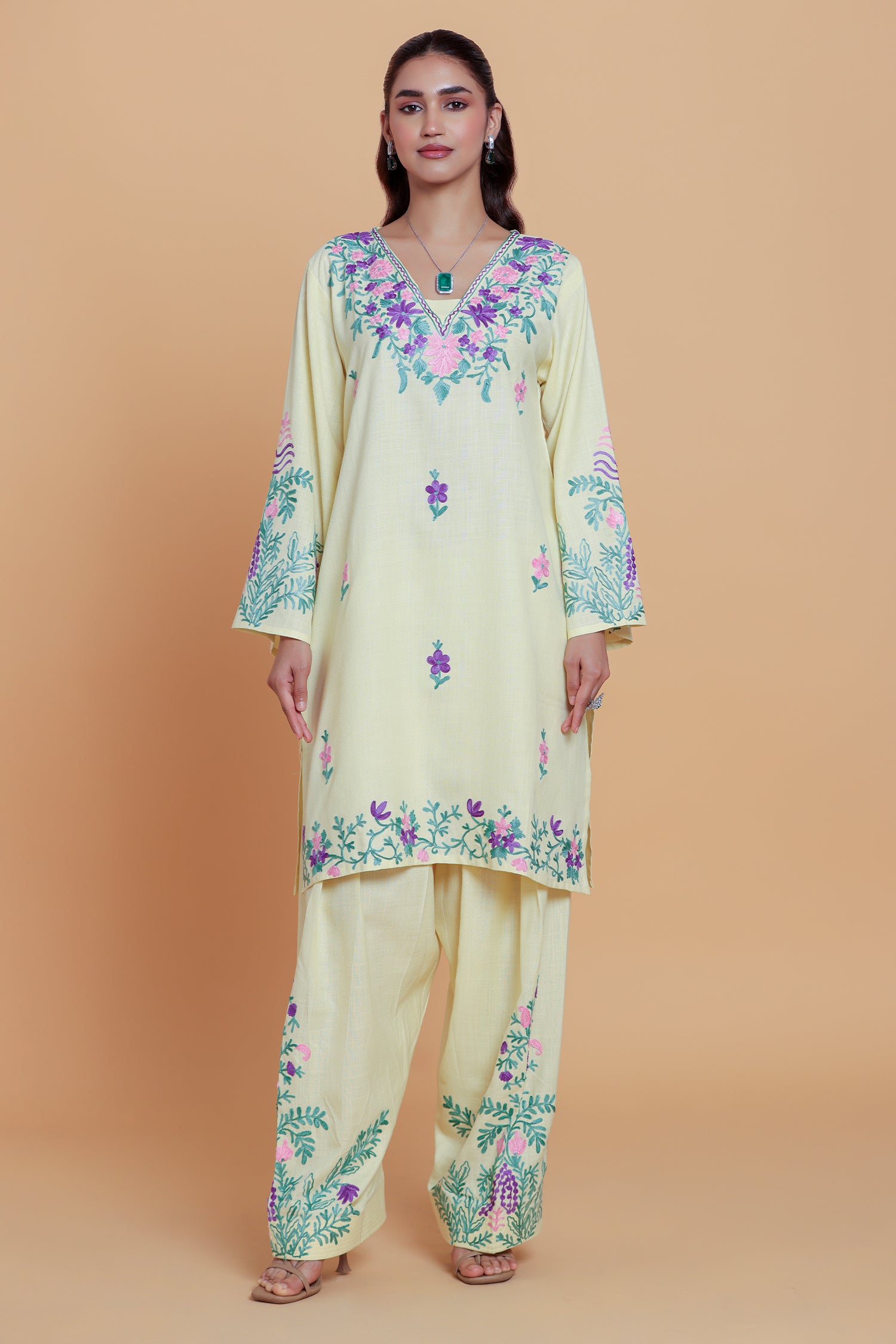 Neha x HOK in Cotton Kurta Set in Kashmiri Aari - Pastel Yellow