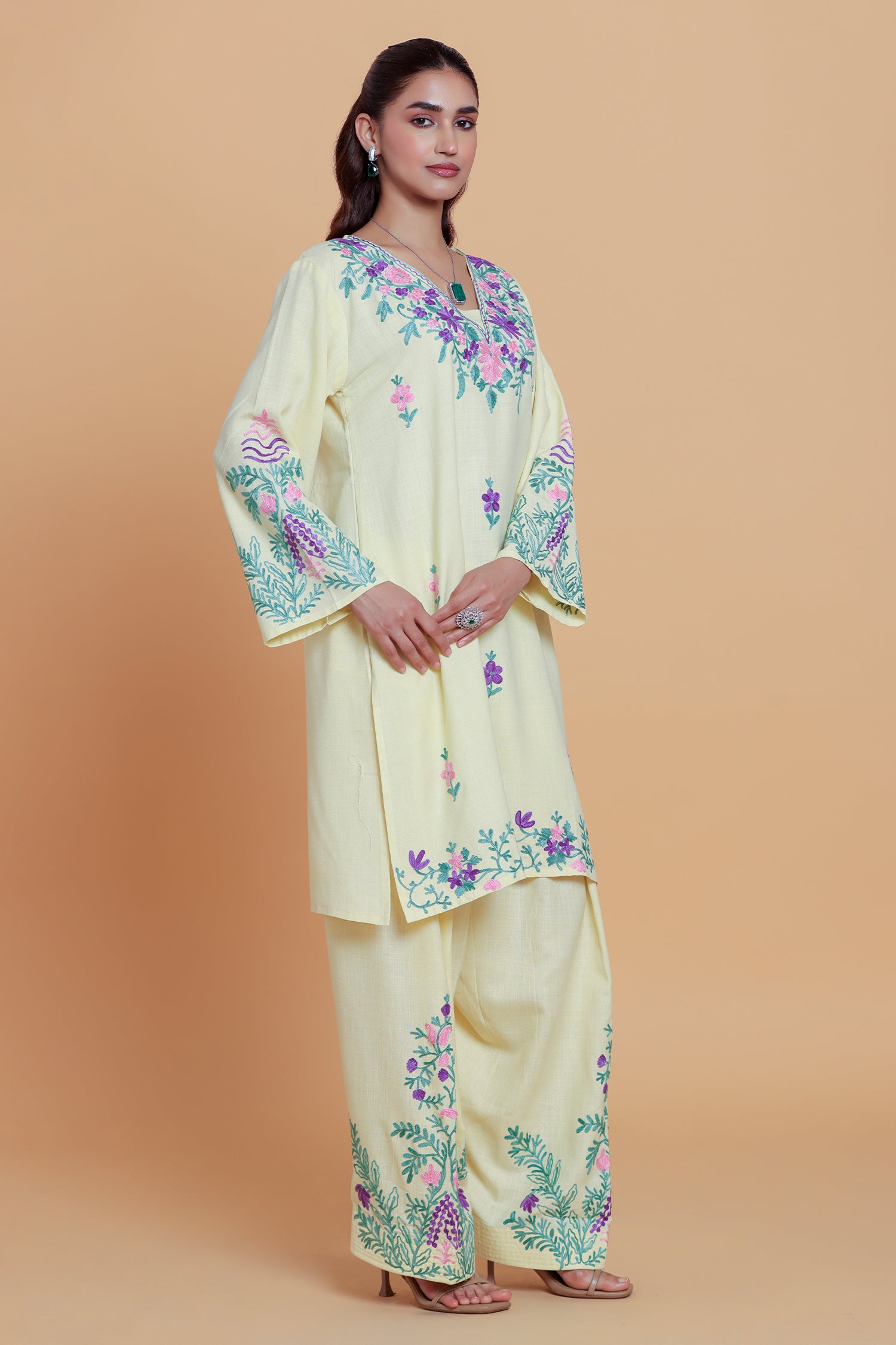 Cotton Kurta Set in Kashmiri Aari -  Pastel Yellow
