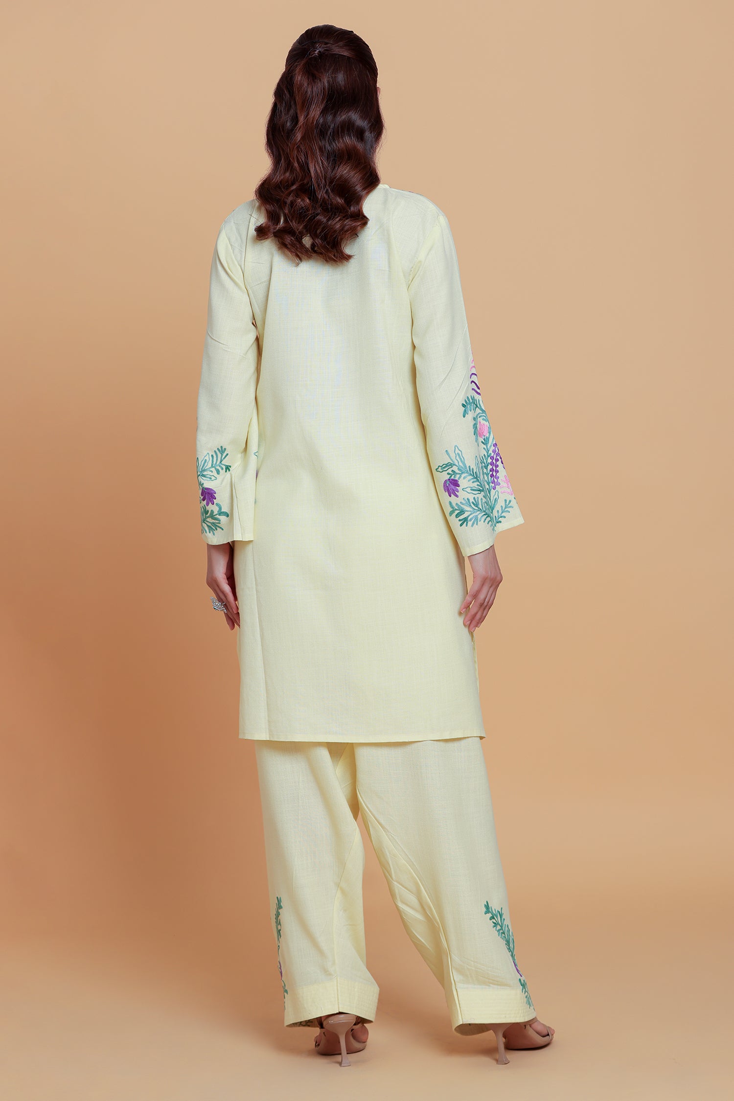 Neha x HOK in Cotton Kurta Set in Kashmiri Aari - Pastel Yellow