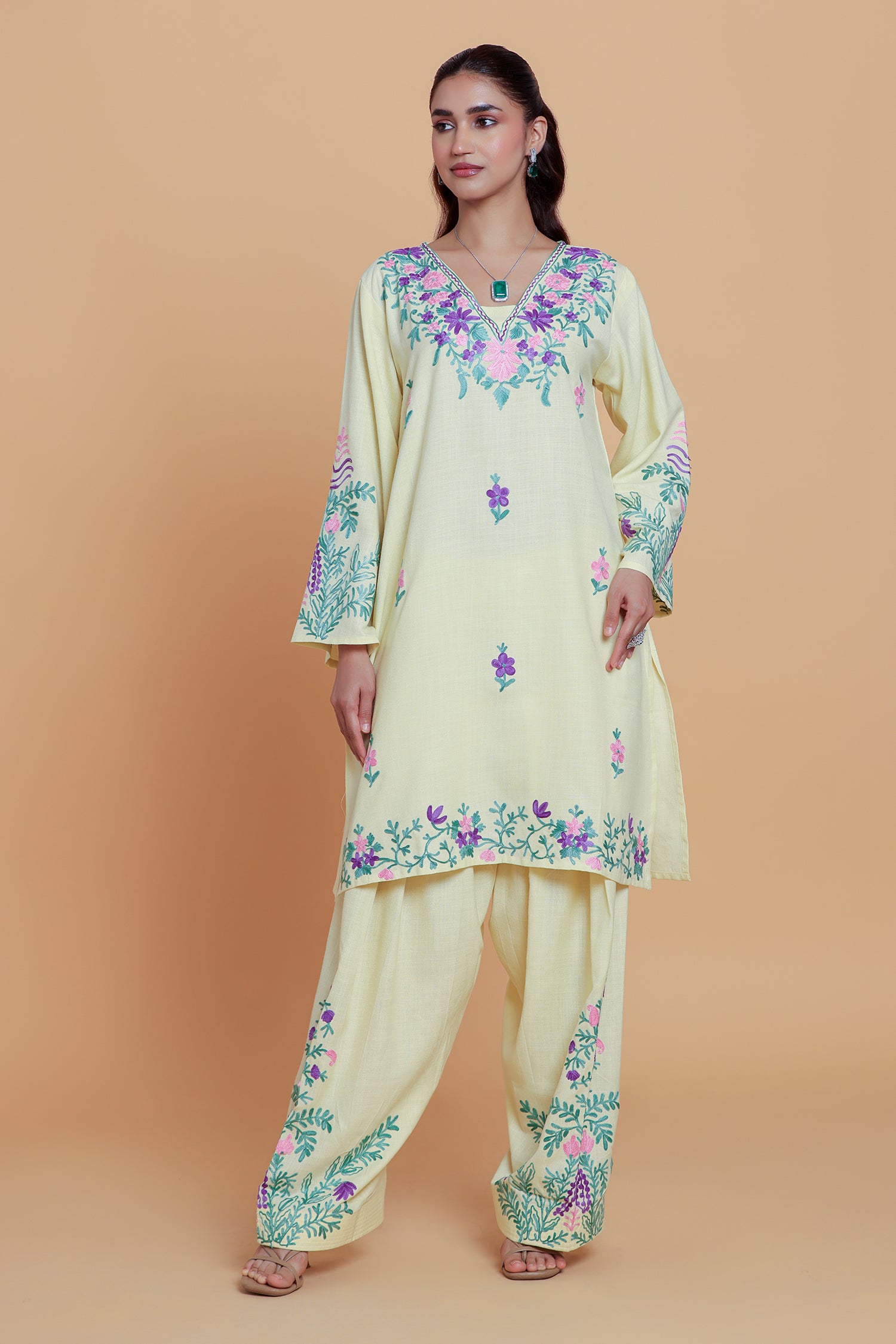 Neha x HOK in Cotton Kurta Set in Kashmiri Aari - Pastel Yellow