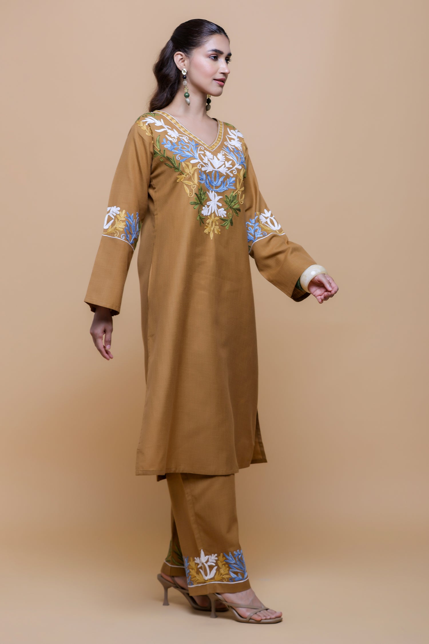 Cotton Kashmiri Aari  Kurta Set - Brown