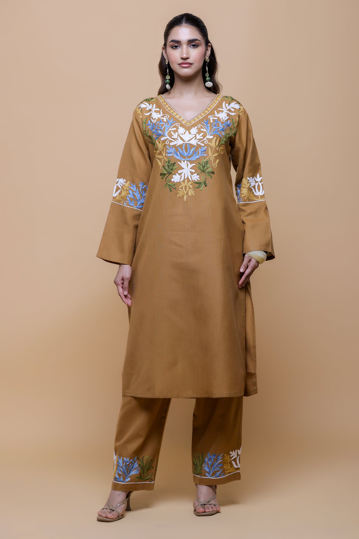 Cotton Kashmiri Aari  Kurta Set - Brown
