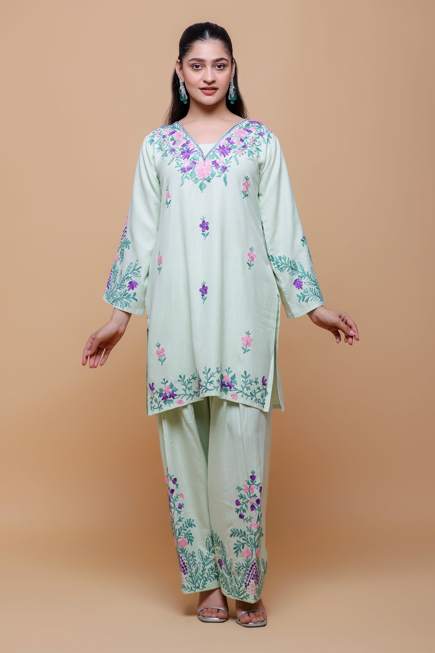Cotton Kurta Set in Kashmiri Aari -  Pastel Green