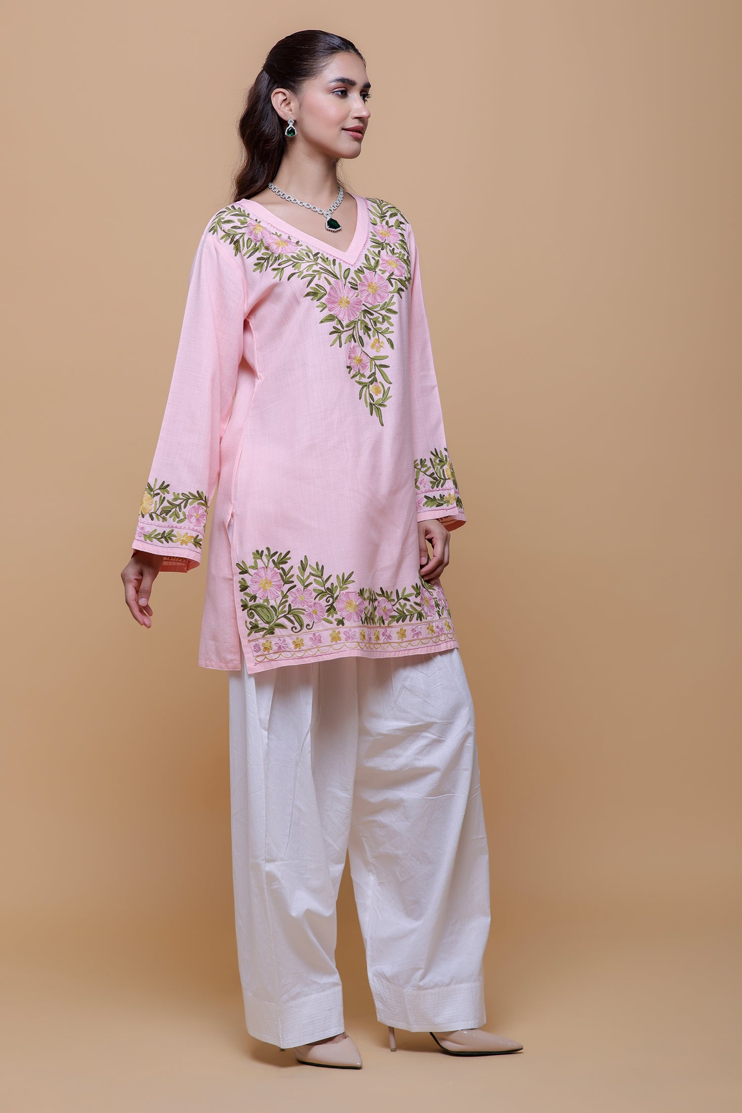 Neha x HOK in Cotton Kashmiri Aari Short Kurta - Pink