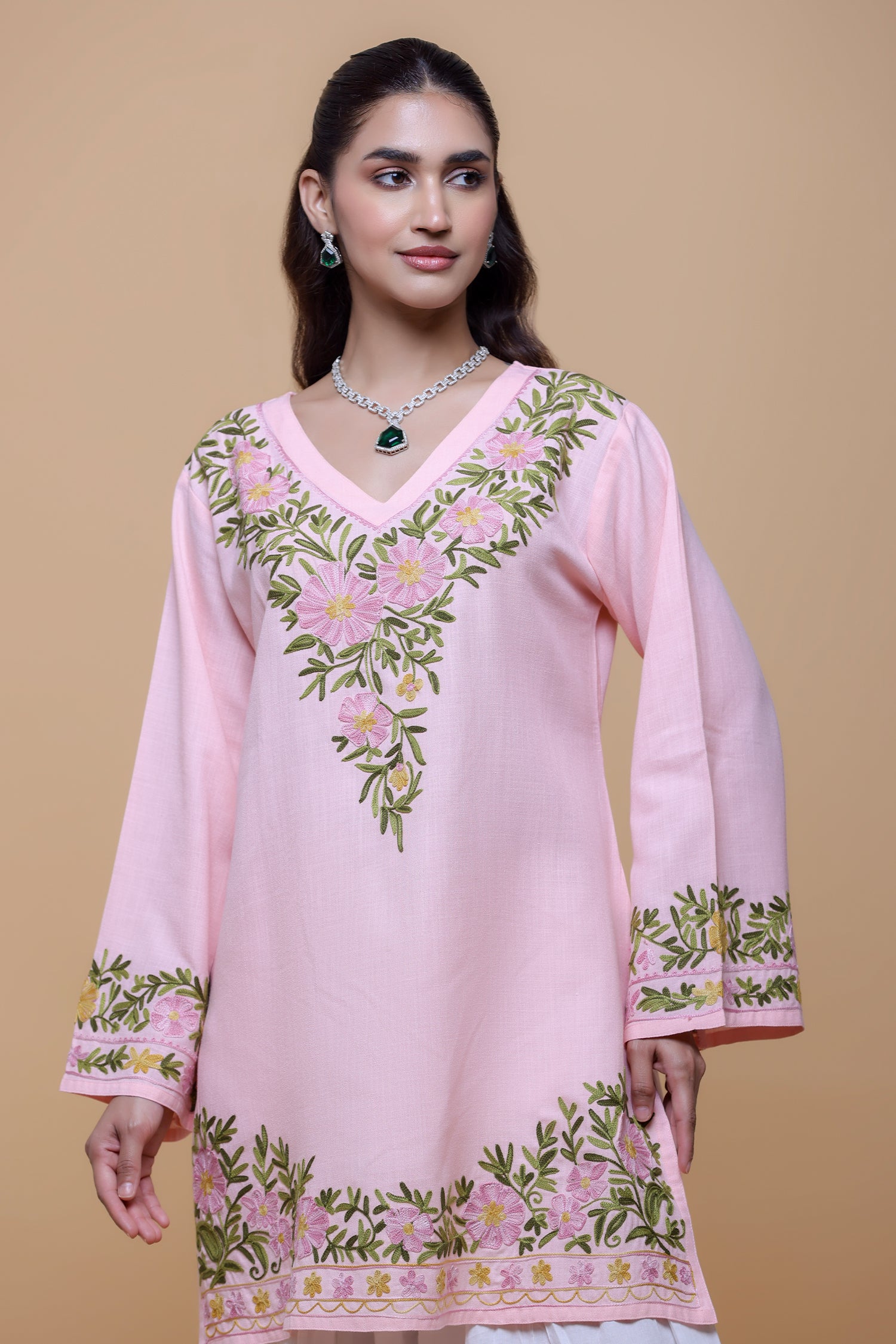 Neha x HOK in Cotton Kashmiri Aari Short Kurta - Pink
