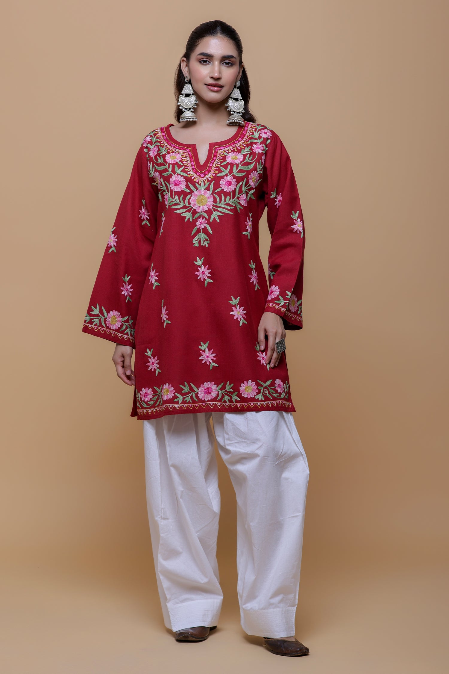 Cotton Kashmiri Aari Short Kurta - Maroon