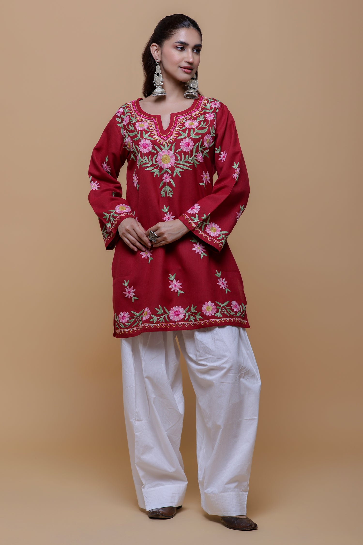 Cotton Kashmiri Aari Short Kurta - Maroon