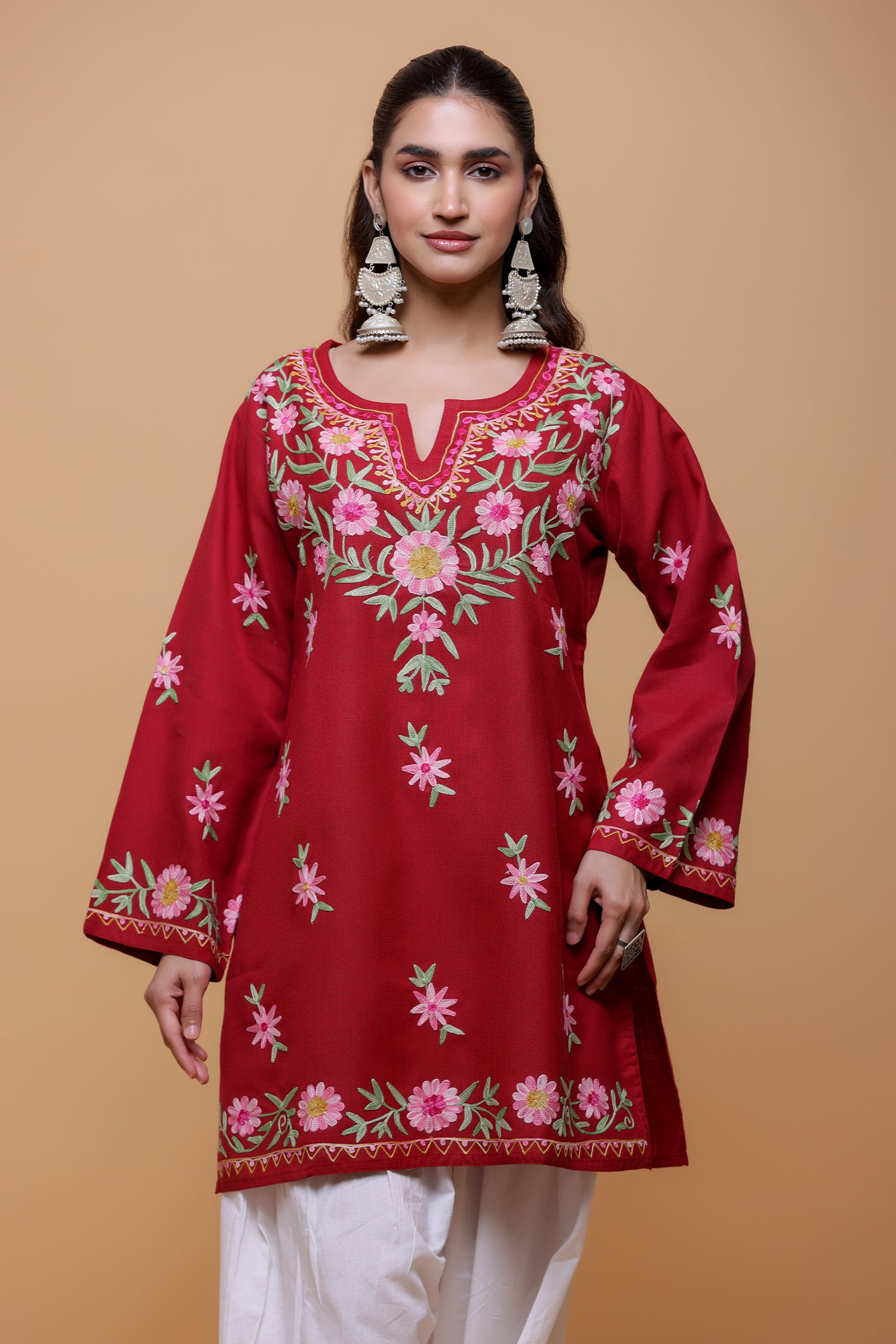 Cotton Kashmiri Aari Short Kurta - Maroon
