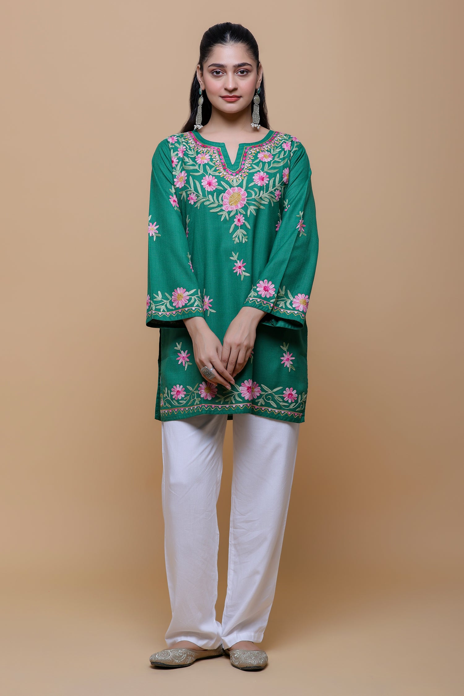 Cotton Kashmiri Aari Short Kurta - Green