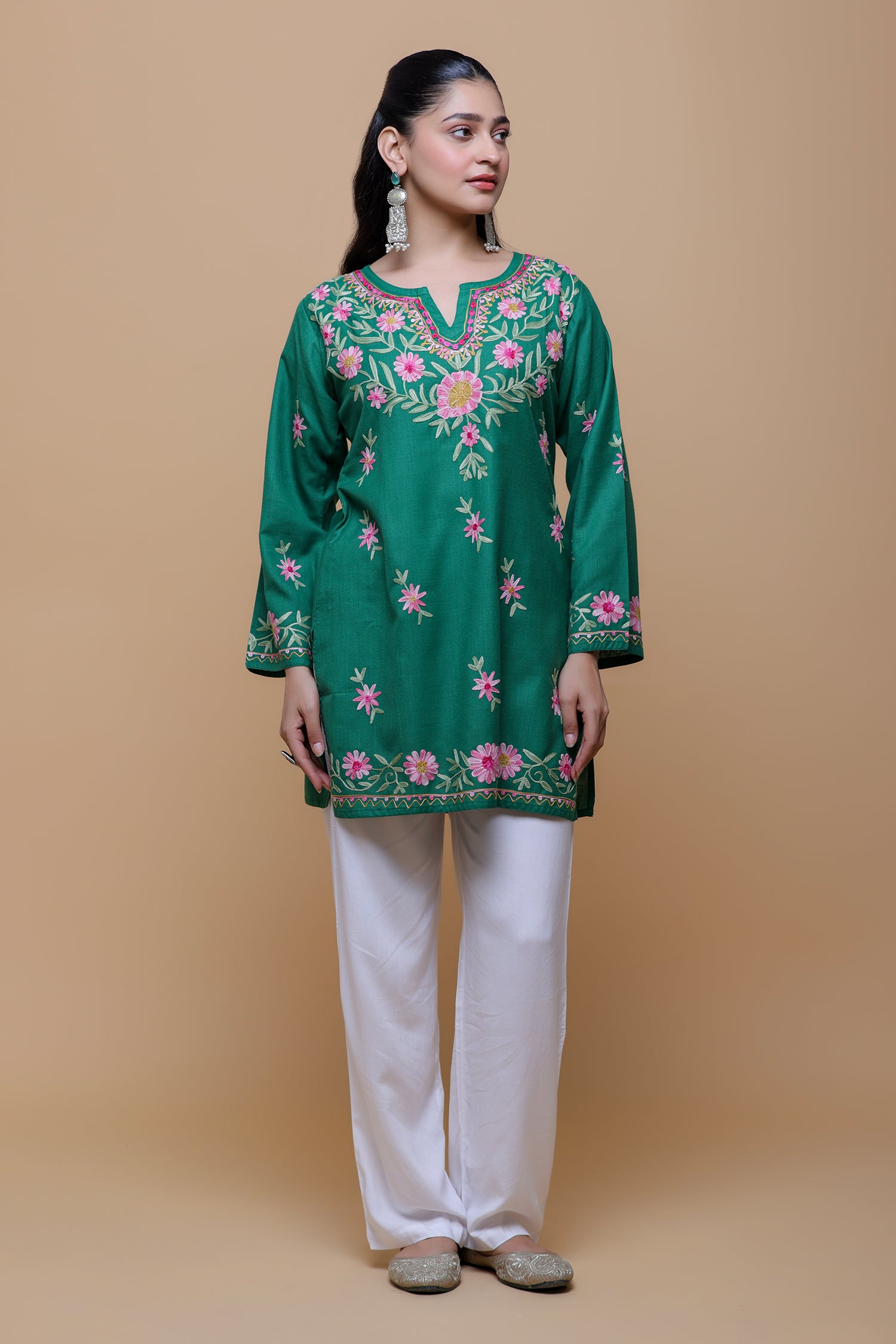 Cotton Kashmiri Aari Short Kurta - Green