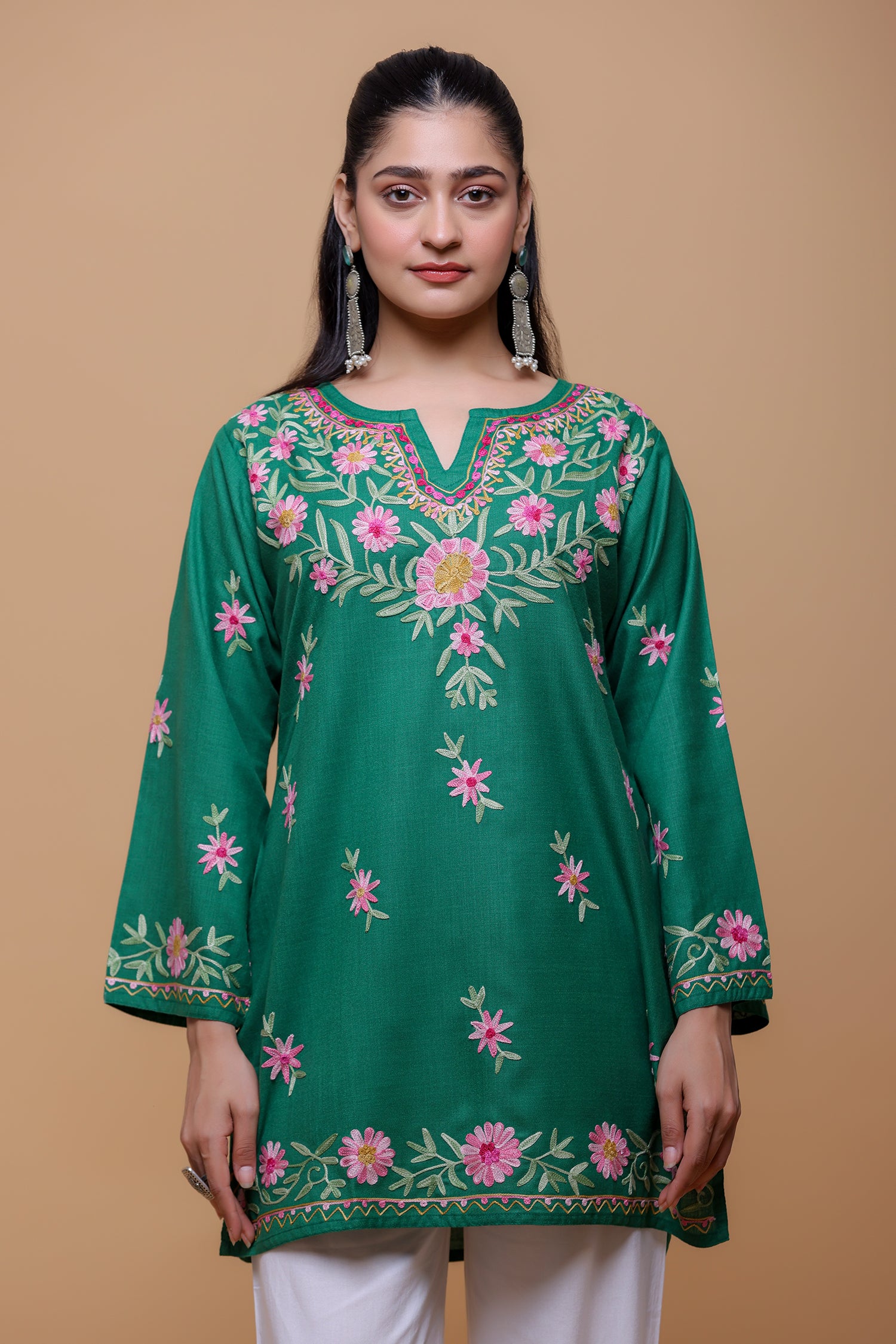 Cotton Kashmiri Aari Short Kurta - Green