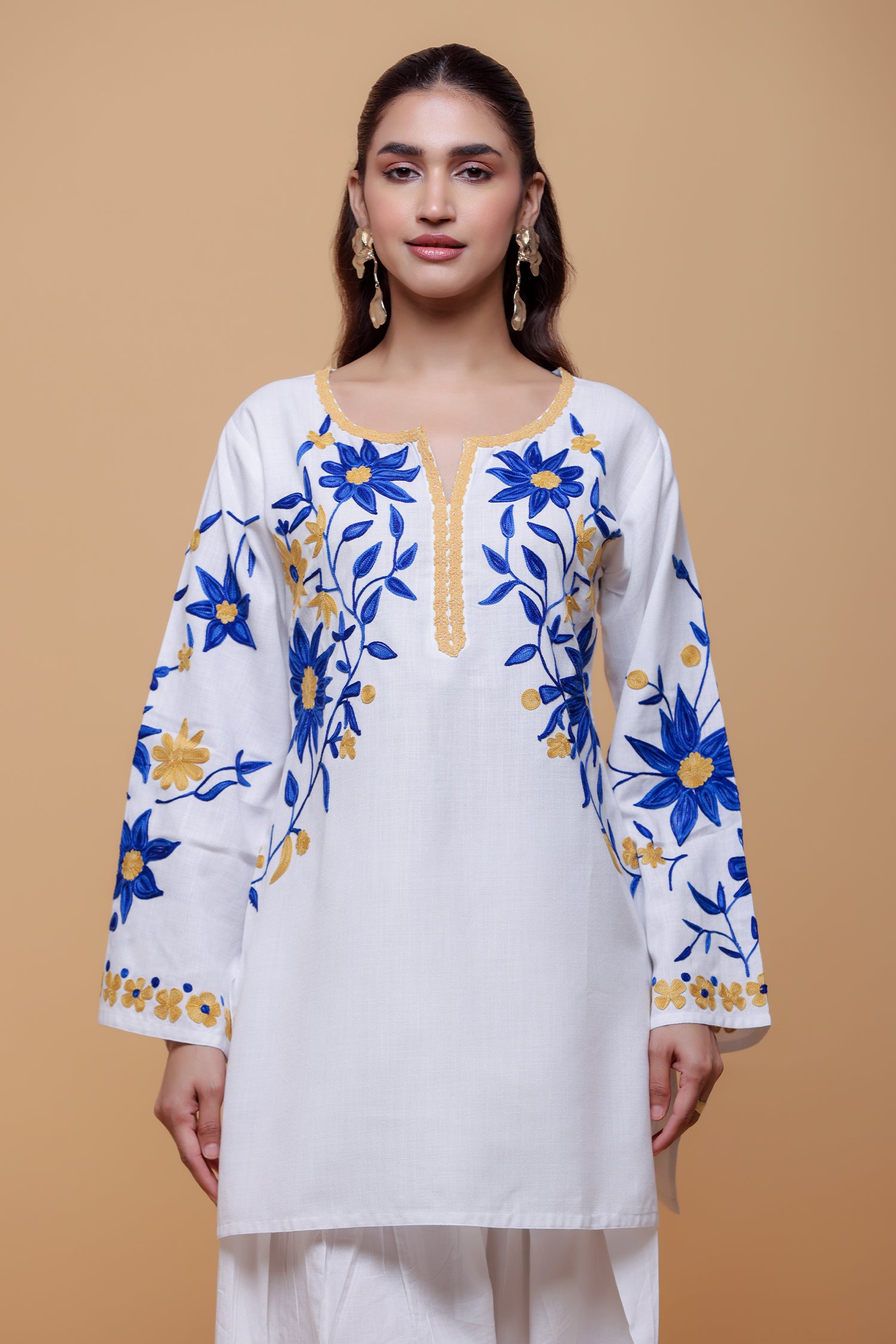 Cotton Kashmiri Aari Kurta - White