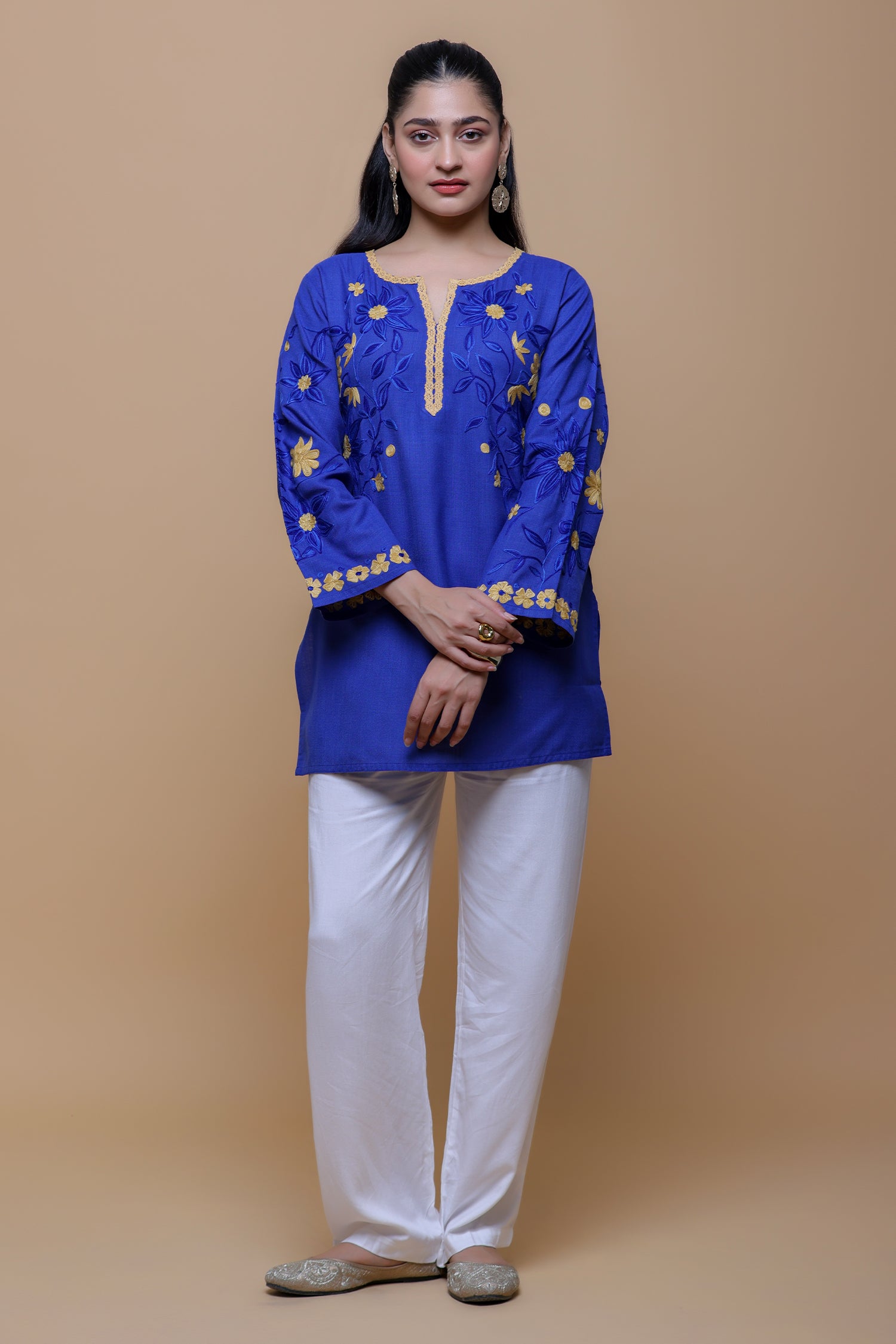 Cotton Kashmiri Aari Kurta - Blue