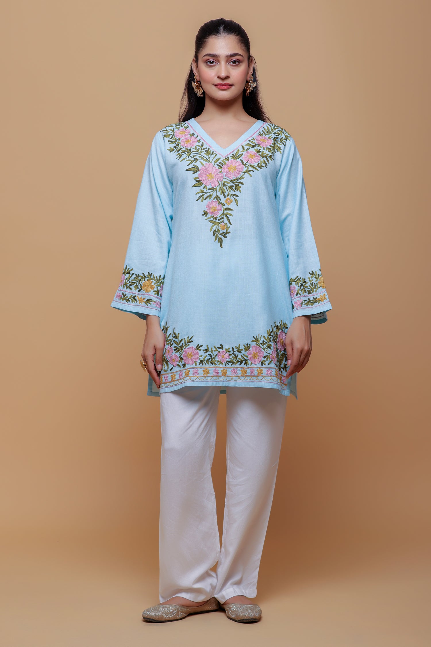 Priyanka x HOK in Cotton Kashmiri Aari Short Kurta - Light Blue