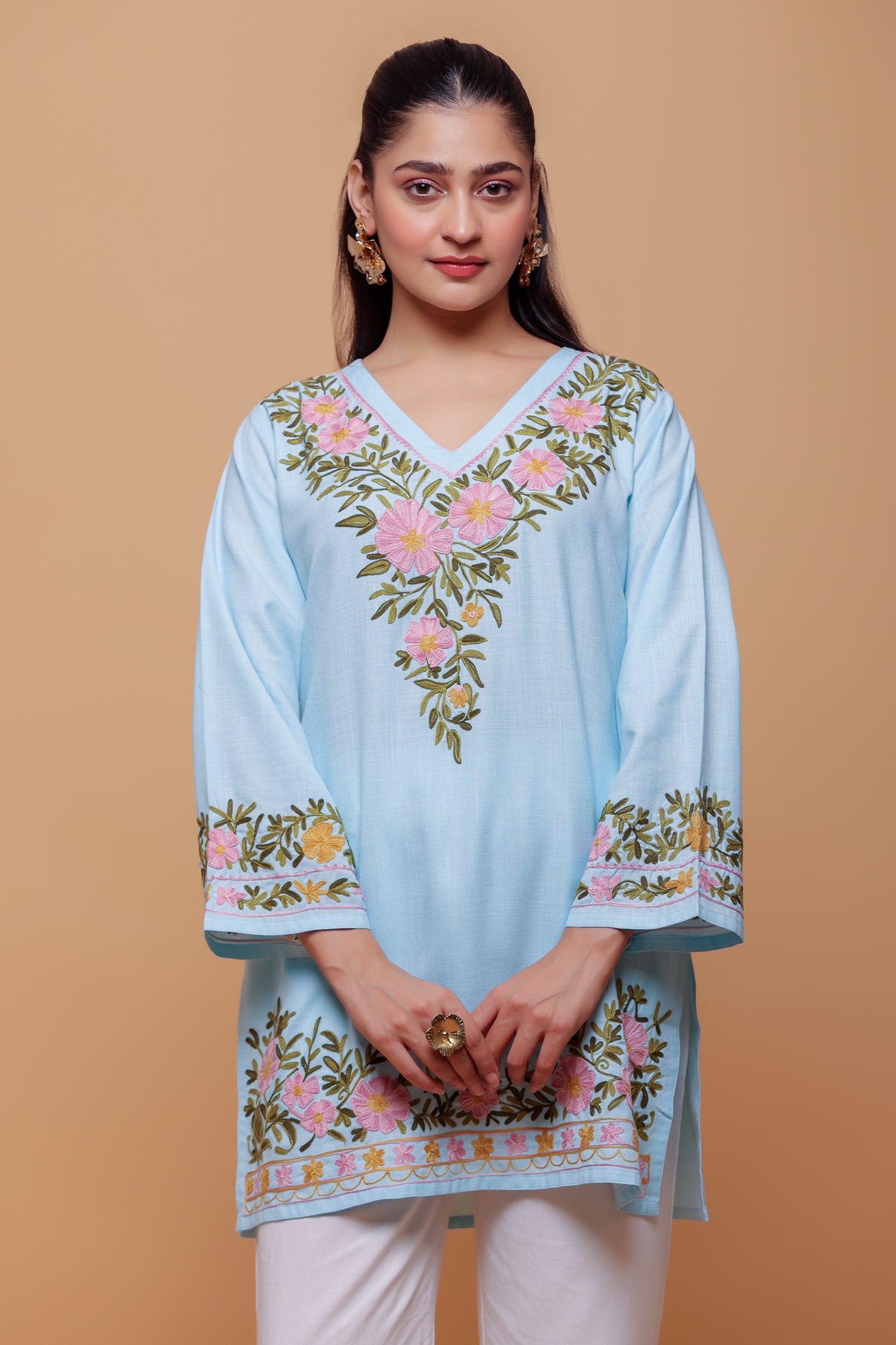 Cotton Kashmiri Aari Short Kurta - Light Blue