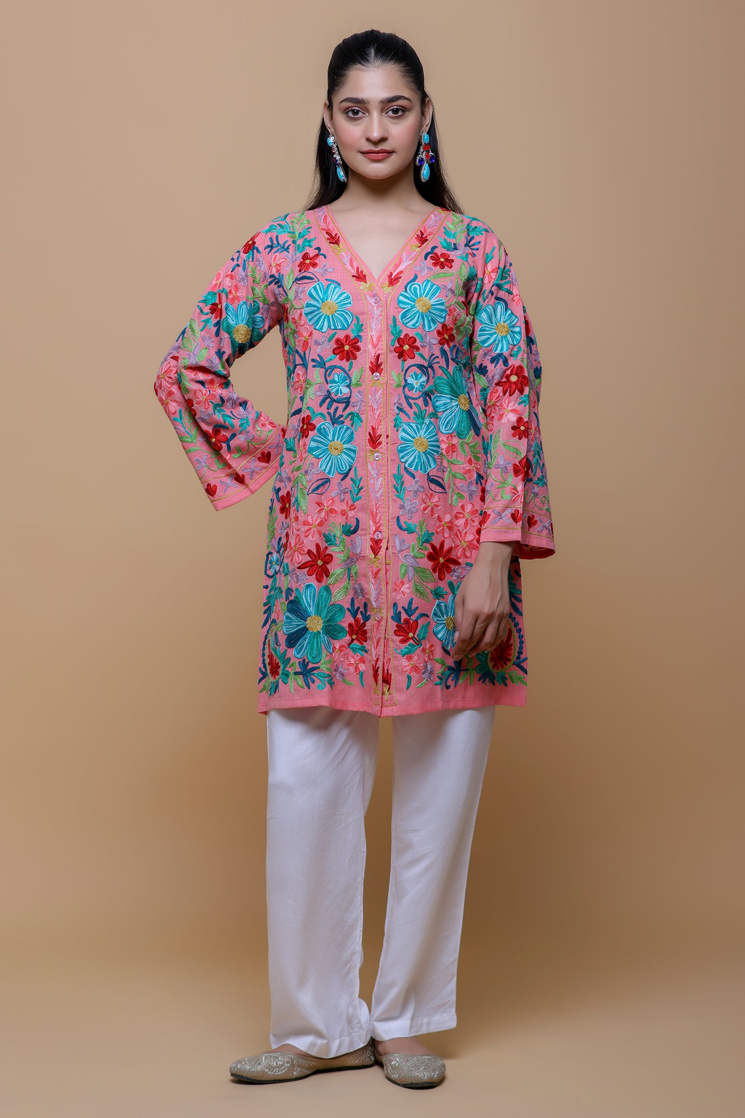 Cotton Kashmiri Aari Jacket - Pink