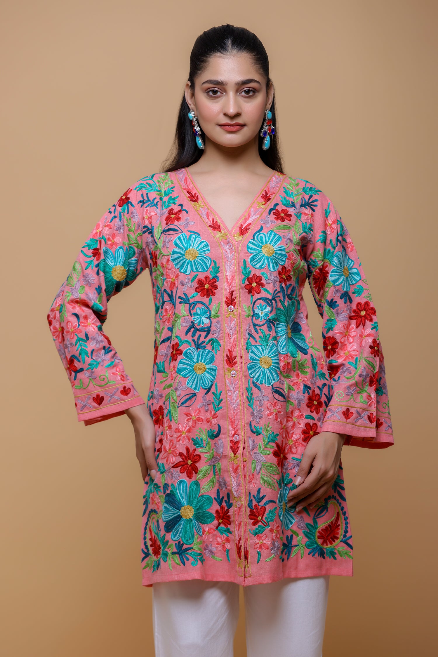 Cotton Kashmiri Aari Jacket - Pink