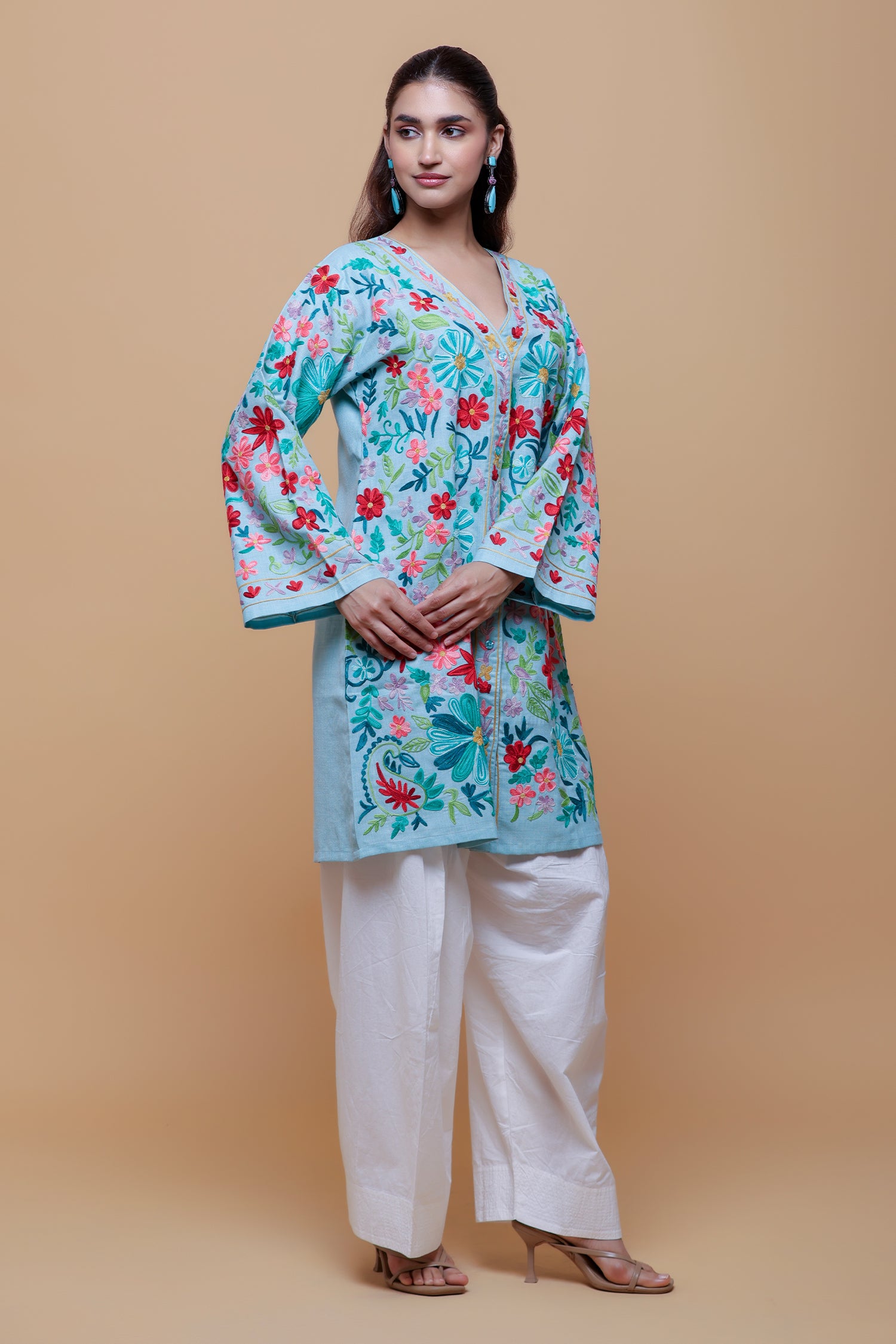 Cotton Kashmiri Aari Jacket - Sky Blue