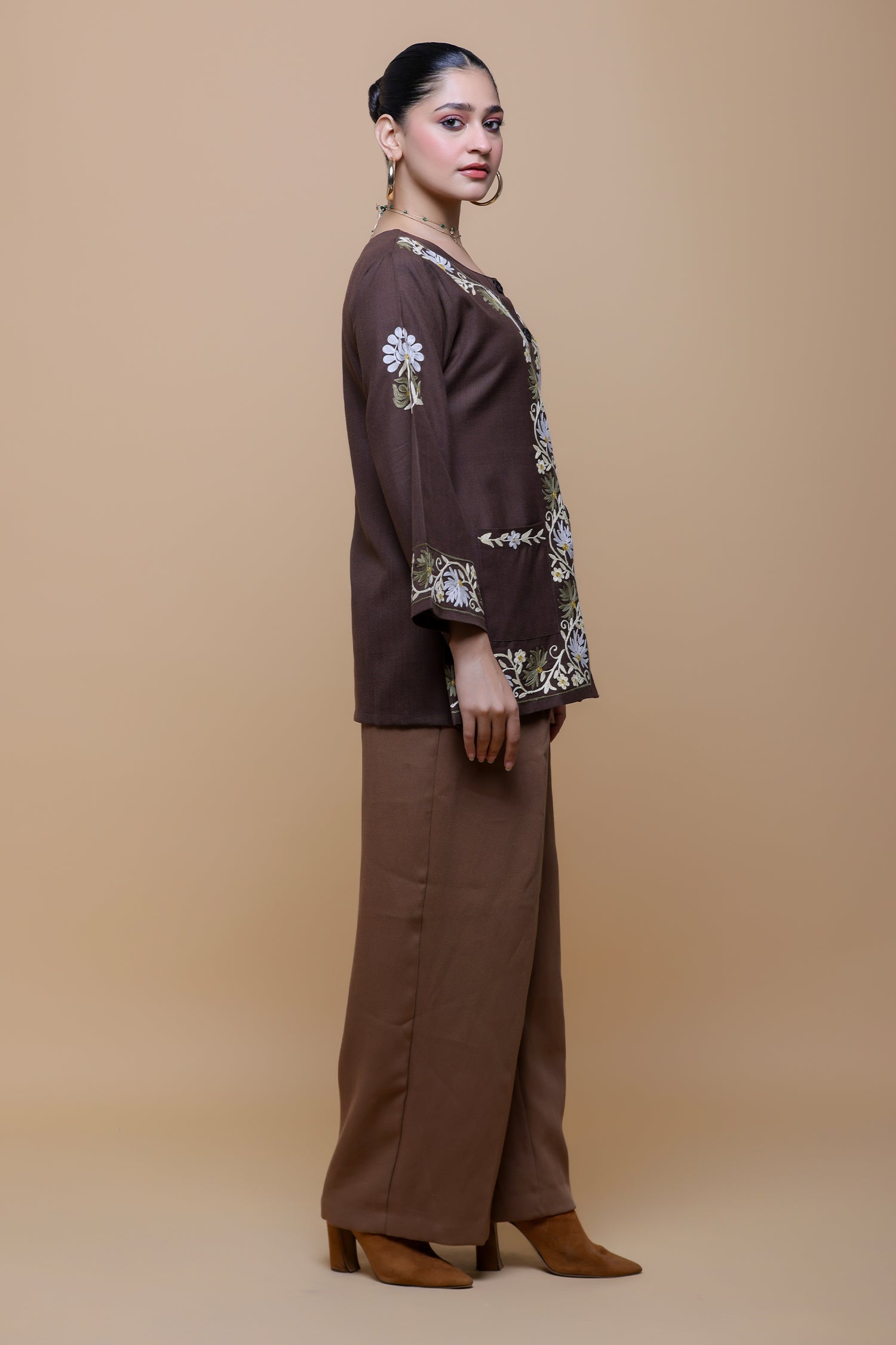 Cotton  Kashmiri Aari Jacket- Brown