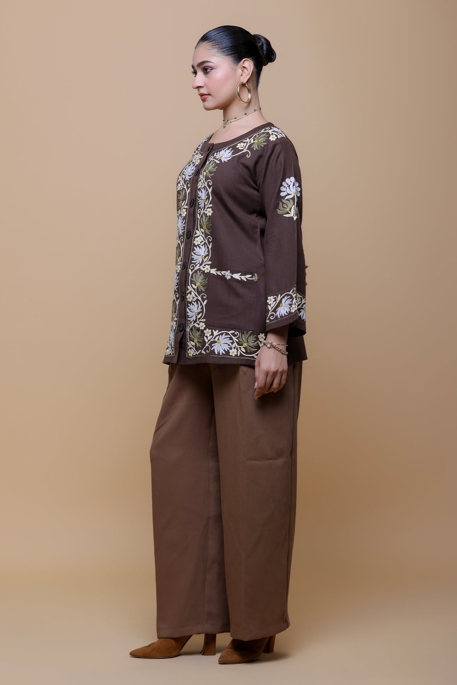 Cotton  Kashmiri Aari Jacket- Brown