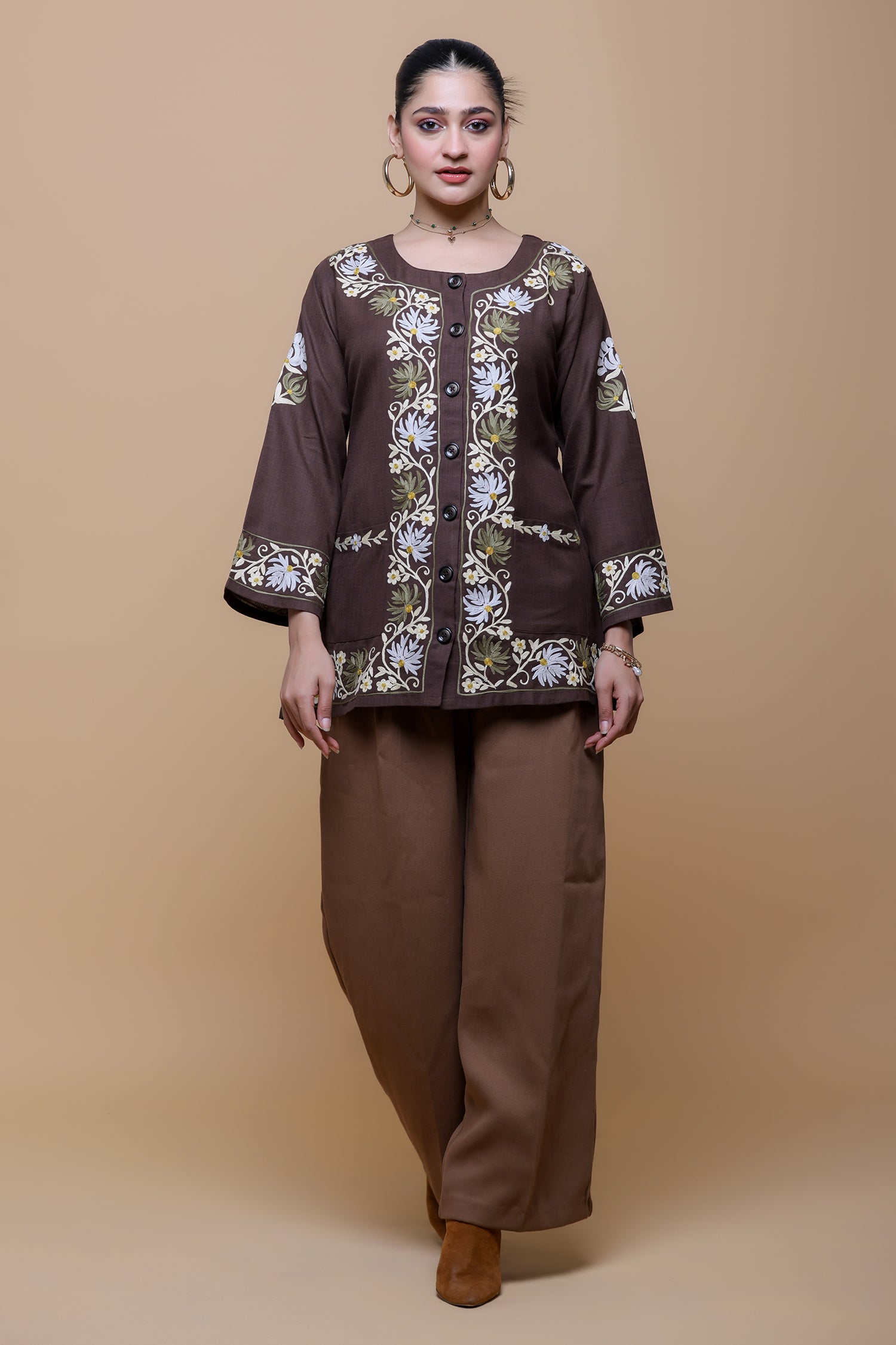 Cotton  Kashmiri Aari Jacket- Brown