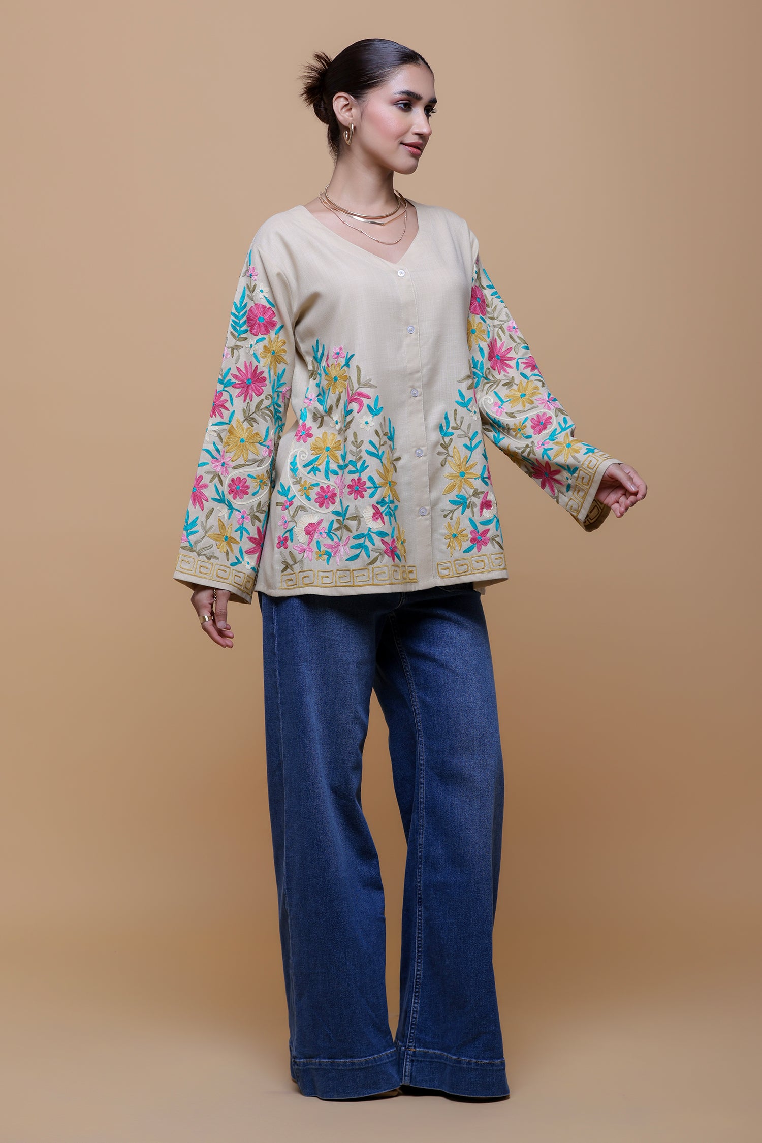 Cotton Kashmiri Aari Short Jacket - Beige
