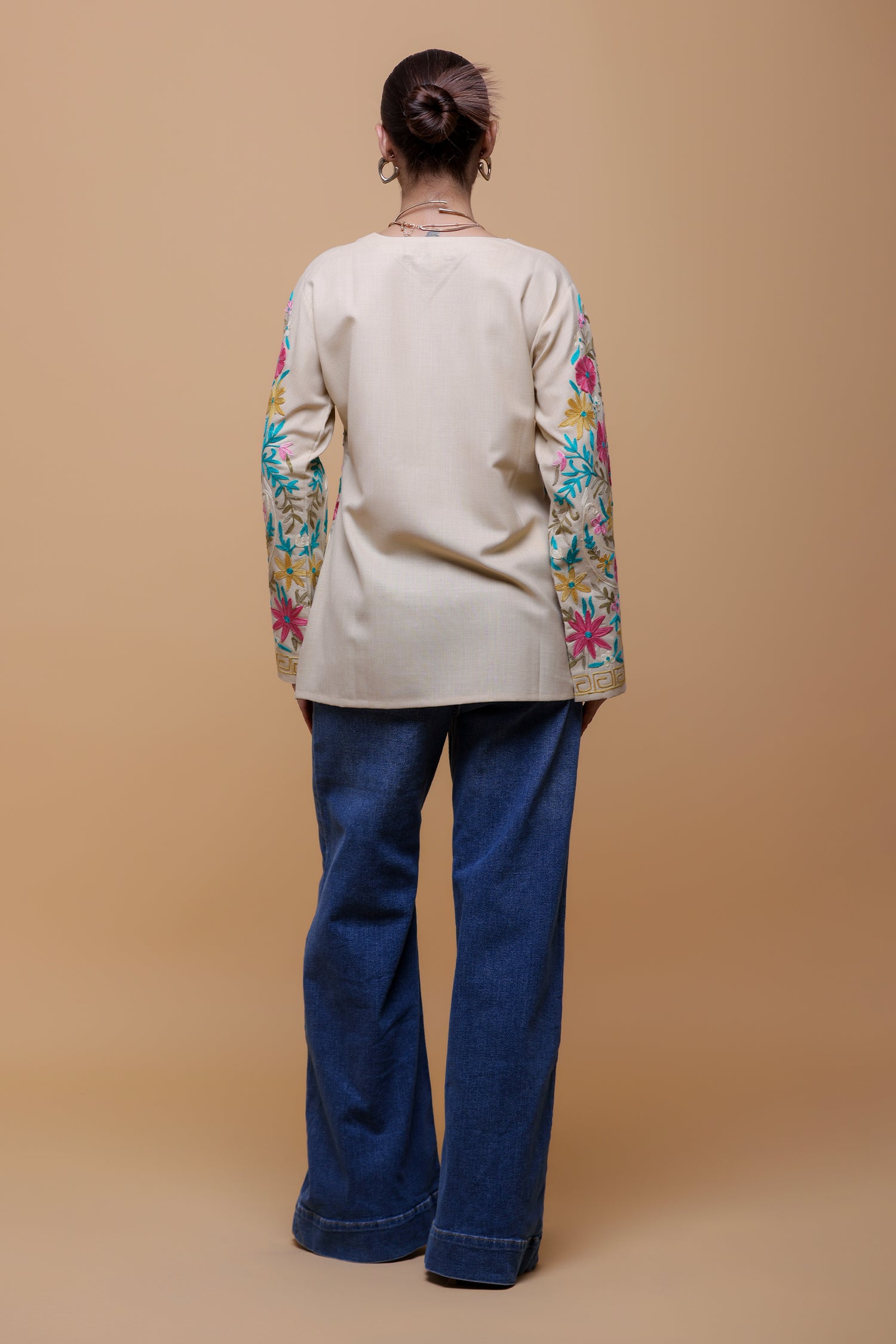 Cotton Kashmiri Aari Short Jacket - Beige