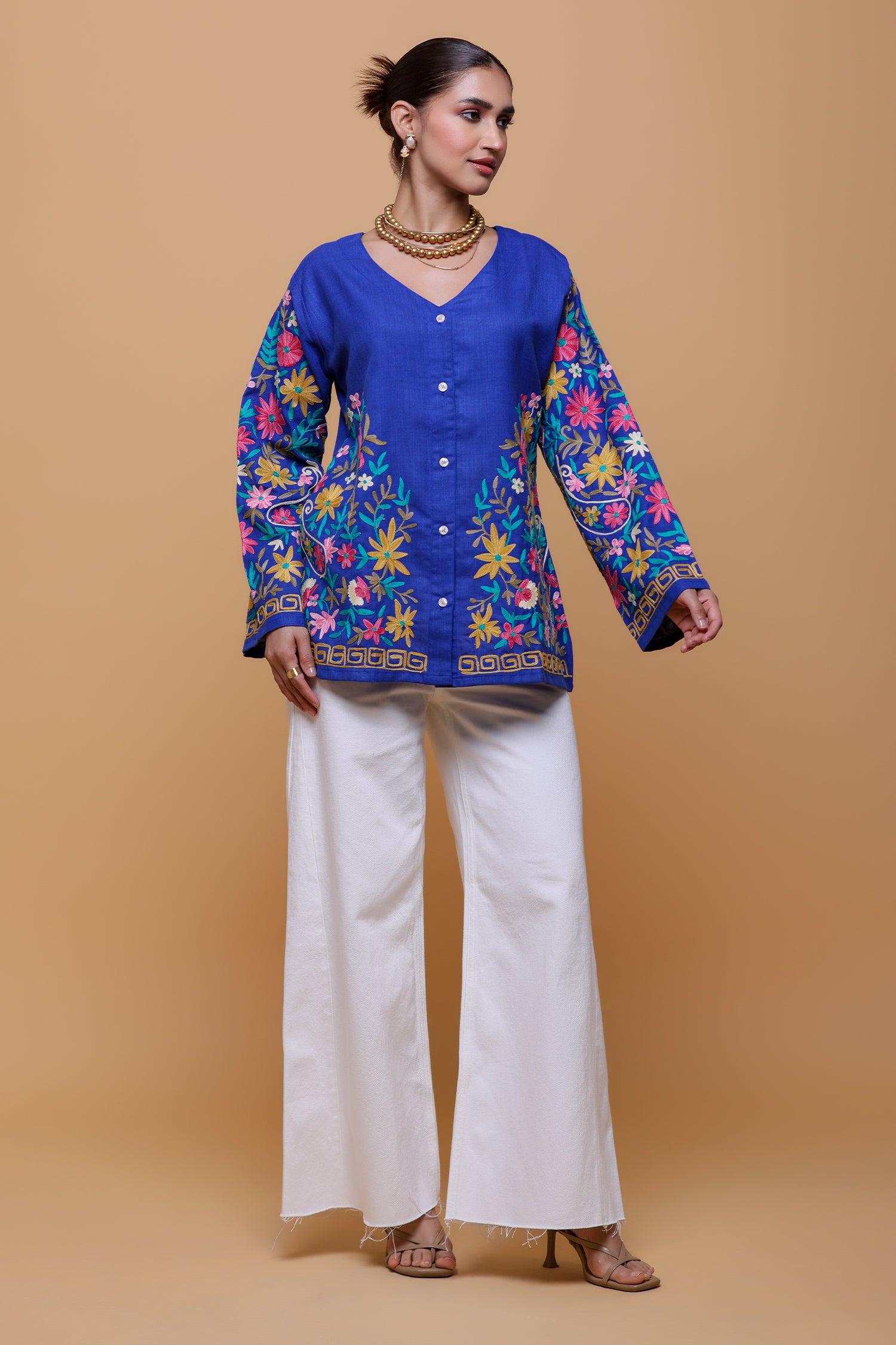 Cotton Kashmiri Aari Short Jacket - Blue