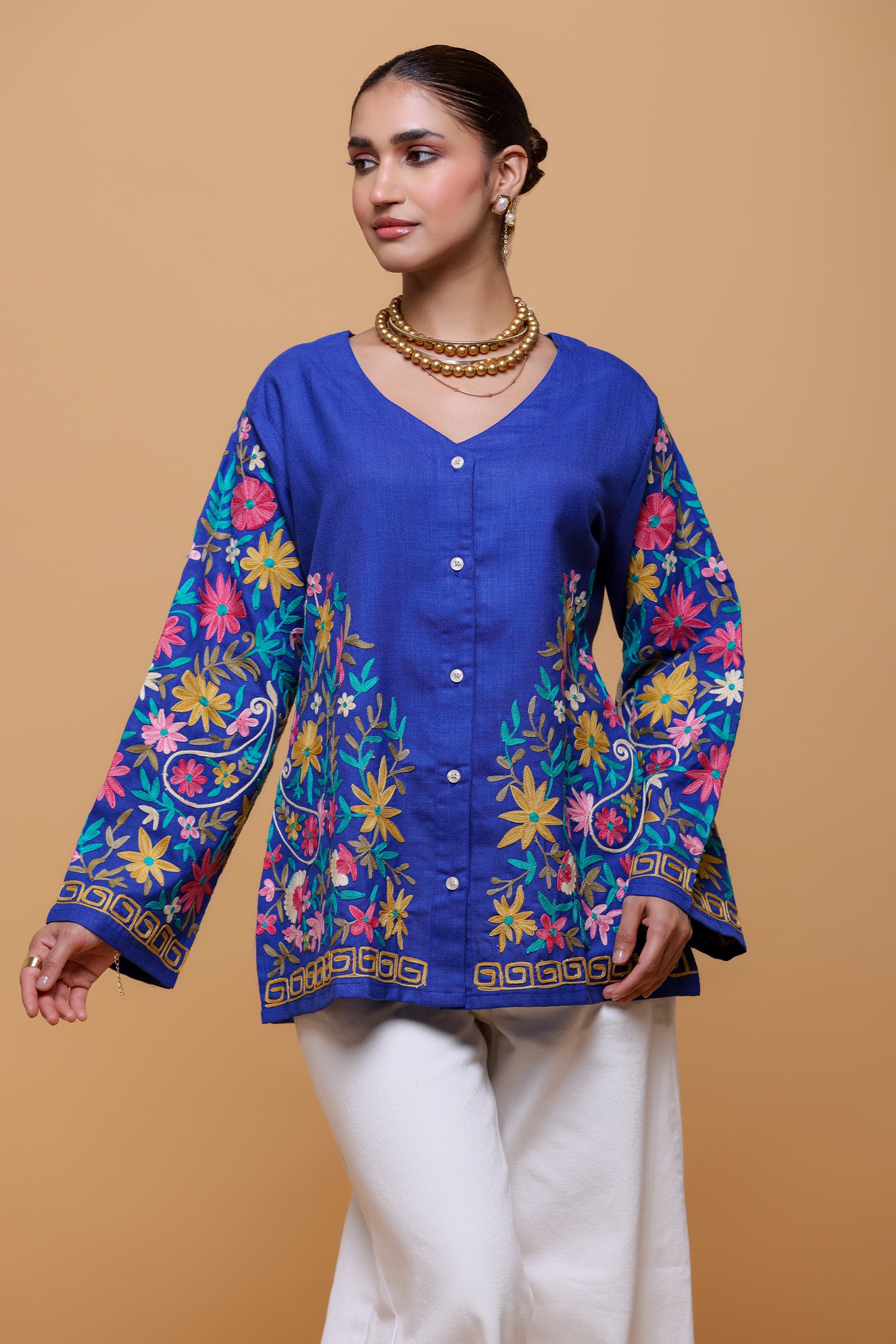 Cotton Kashmiri Aari Short Jacket - Blue
