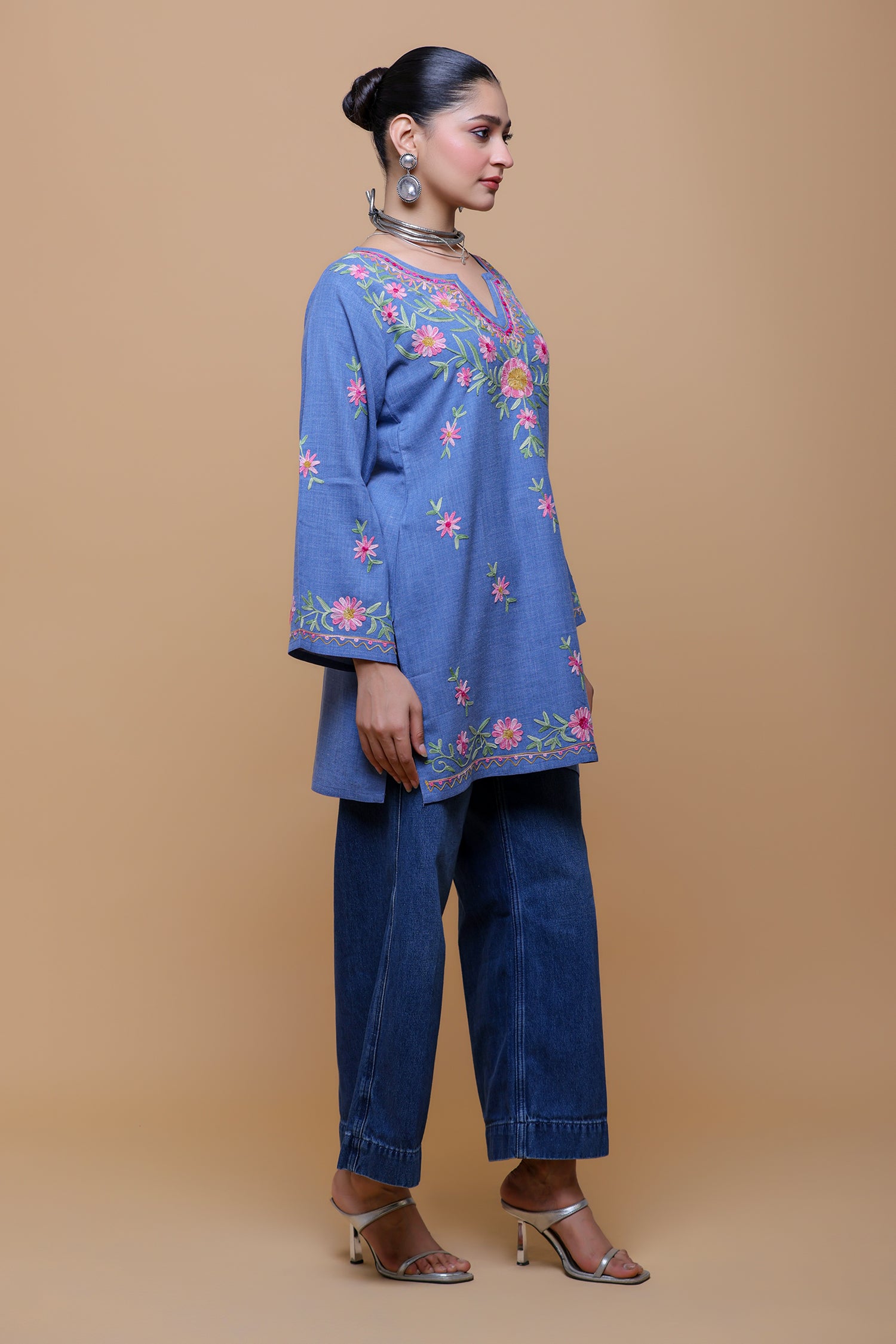 Denim Cotton Kashmiri Aari Short Kurta - Denim Blue