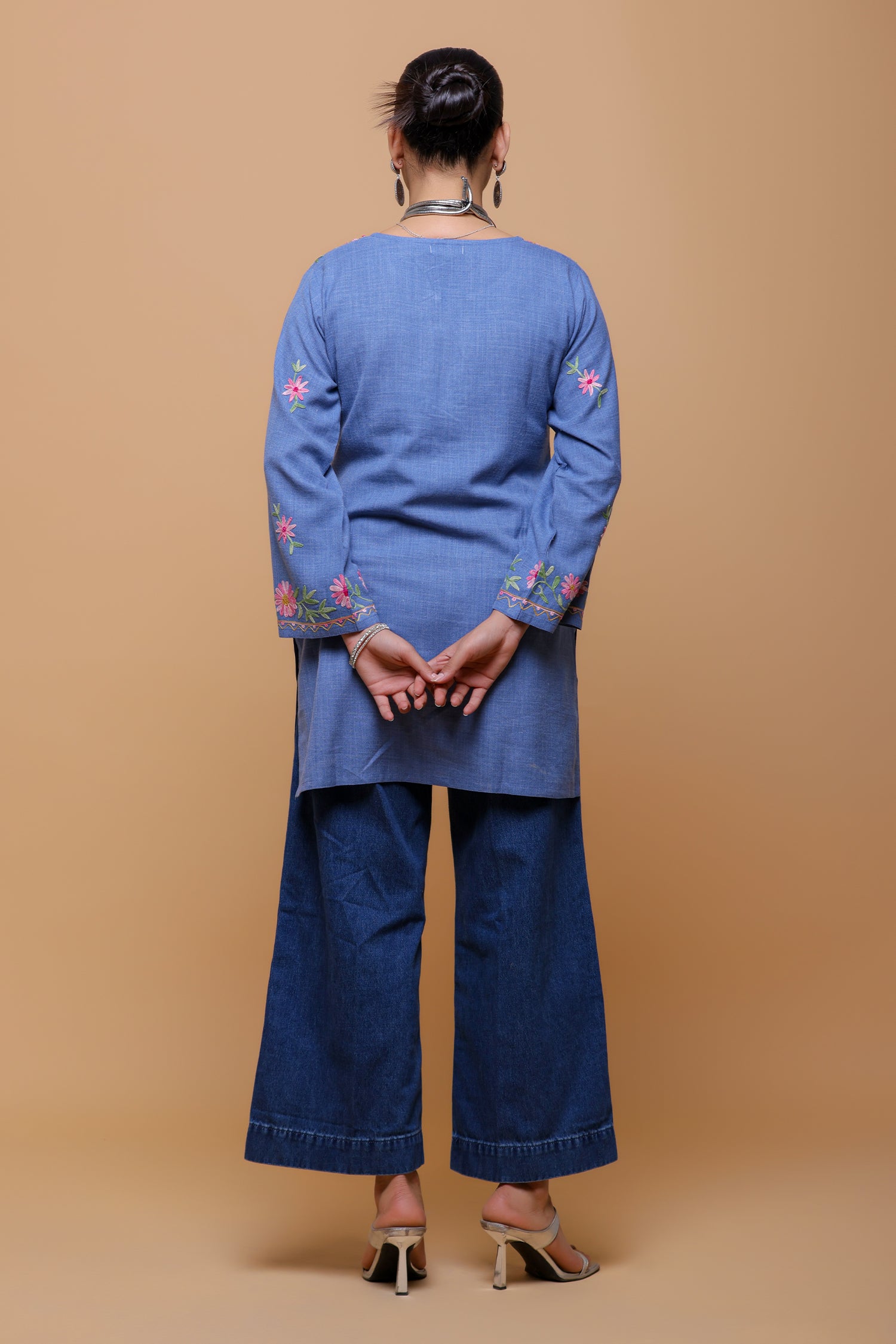 Denim Cotton Kashmiri Aari Short Kurta - Denim Blue