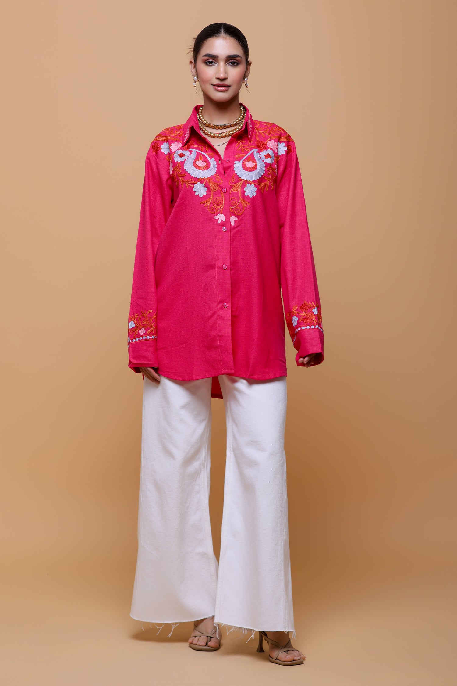 Cotton Kashmiri Aari  Shirt - Pink