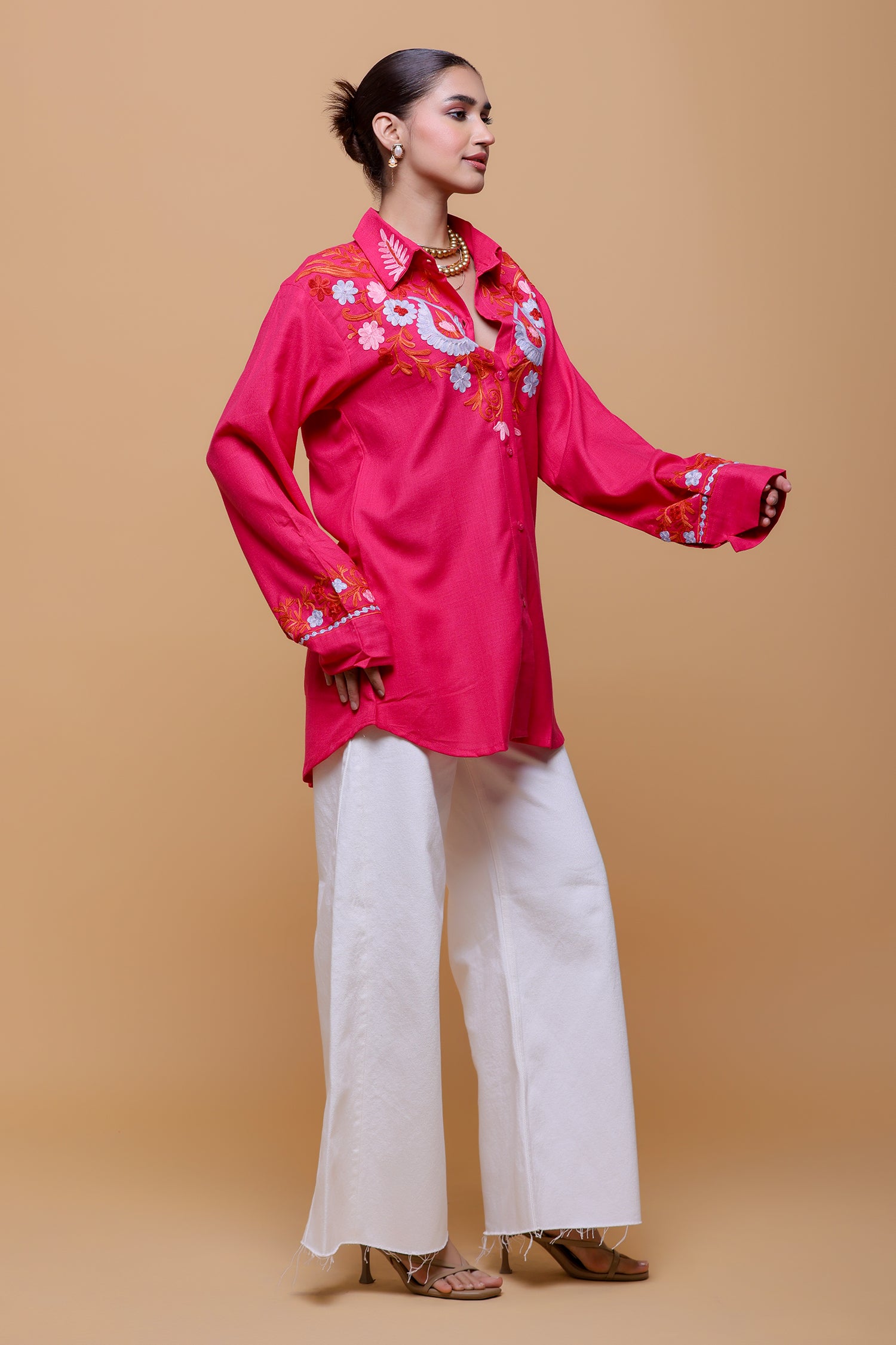 Cotton Kashmiri Aari  Shirt - Pink