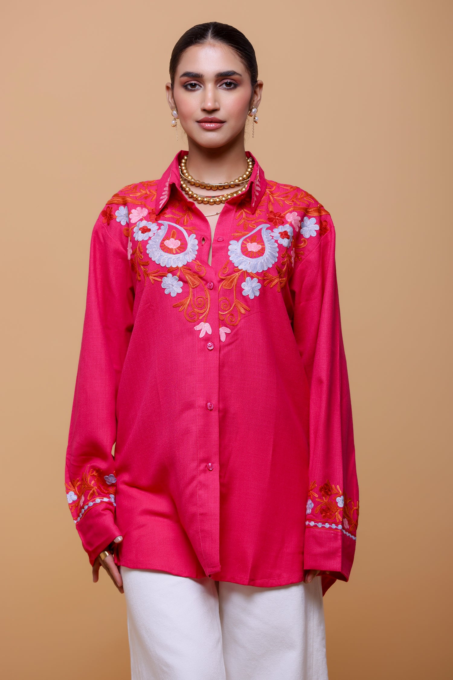 Cotton Kashmiri Aari  Shirt - Pink