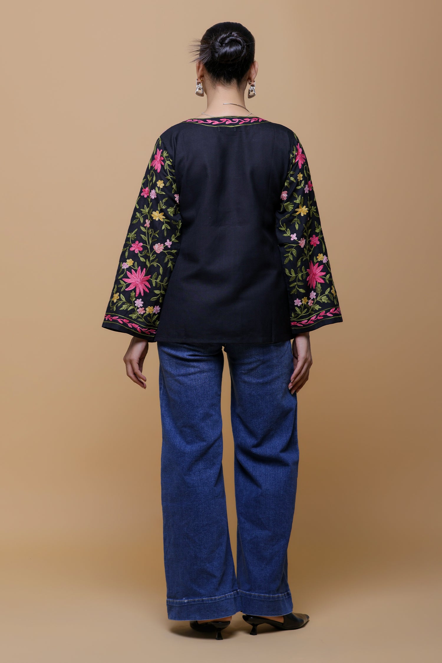 Cotton Kashmiri Aari Short Jacket - Black
