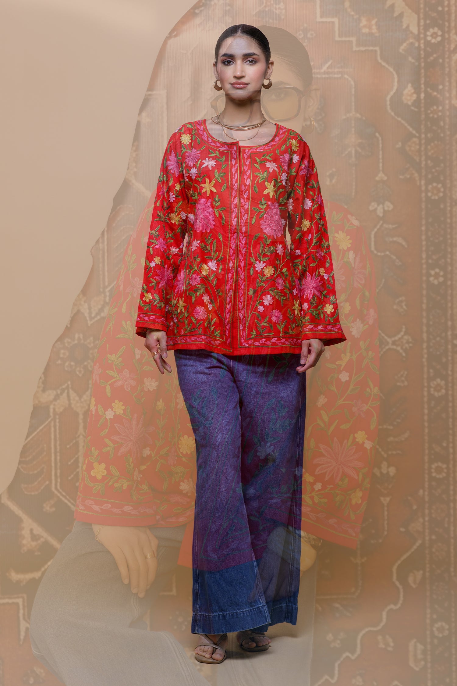 Cotton Kashmiri Aari Short Jacket - Red