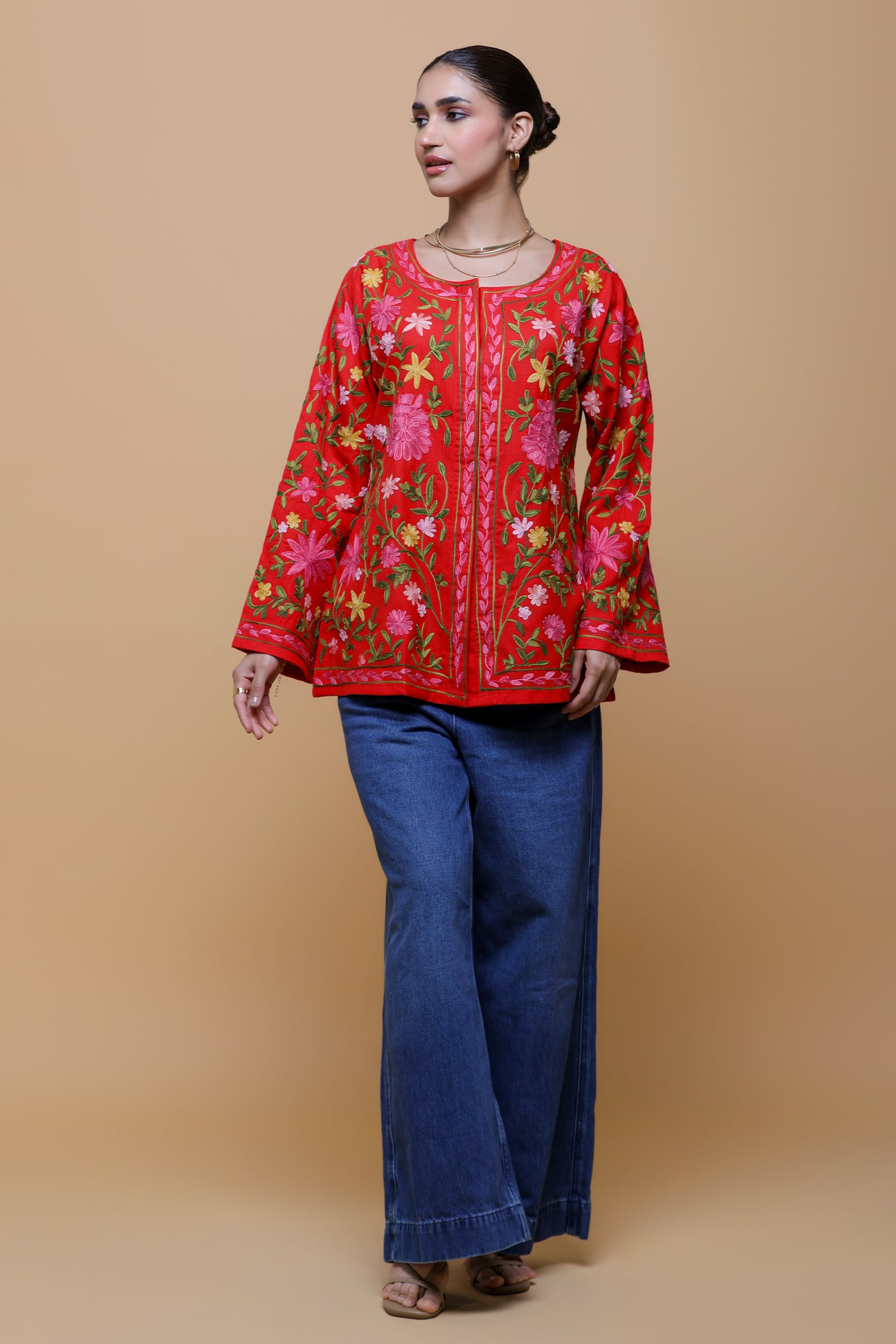Cotton Kashmiri Aari Short Jacket - Red