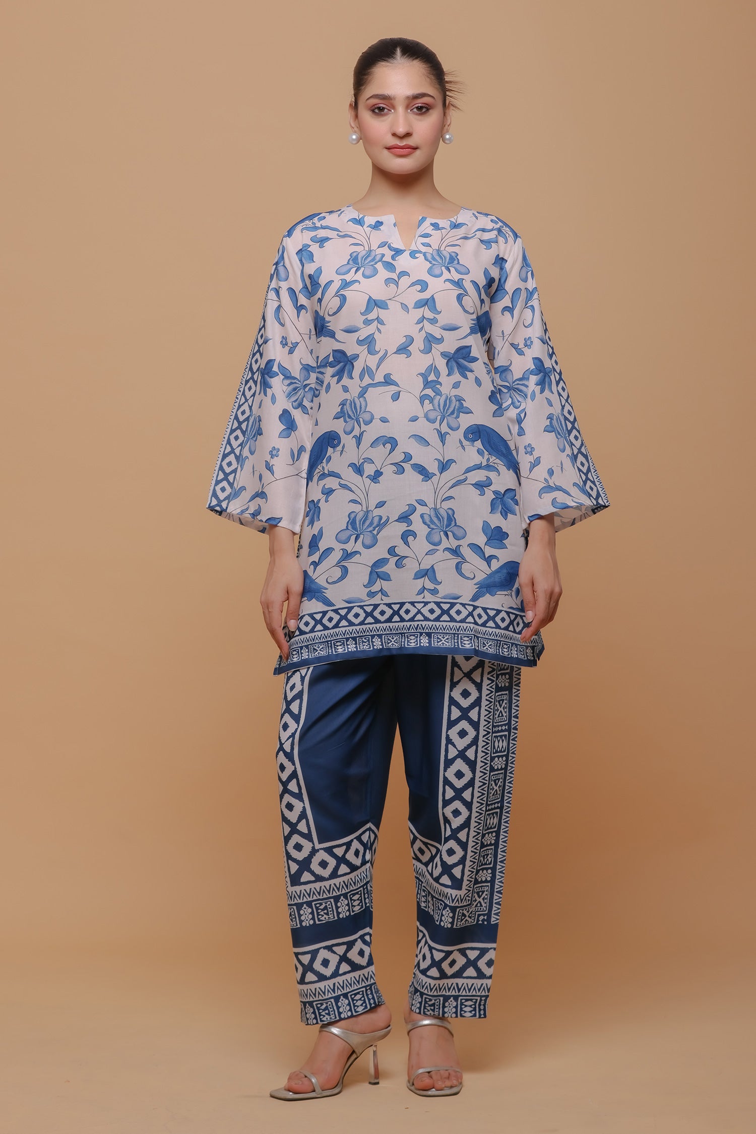 Neha x HOK in Ivory & Indigo Printed Lawn Cotton Co-ord Set with Straight Pants
