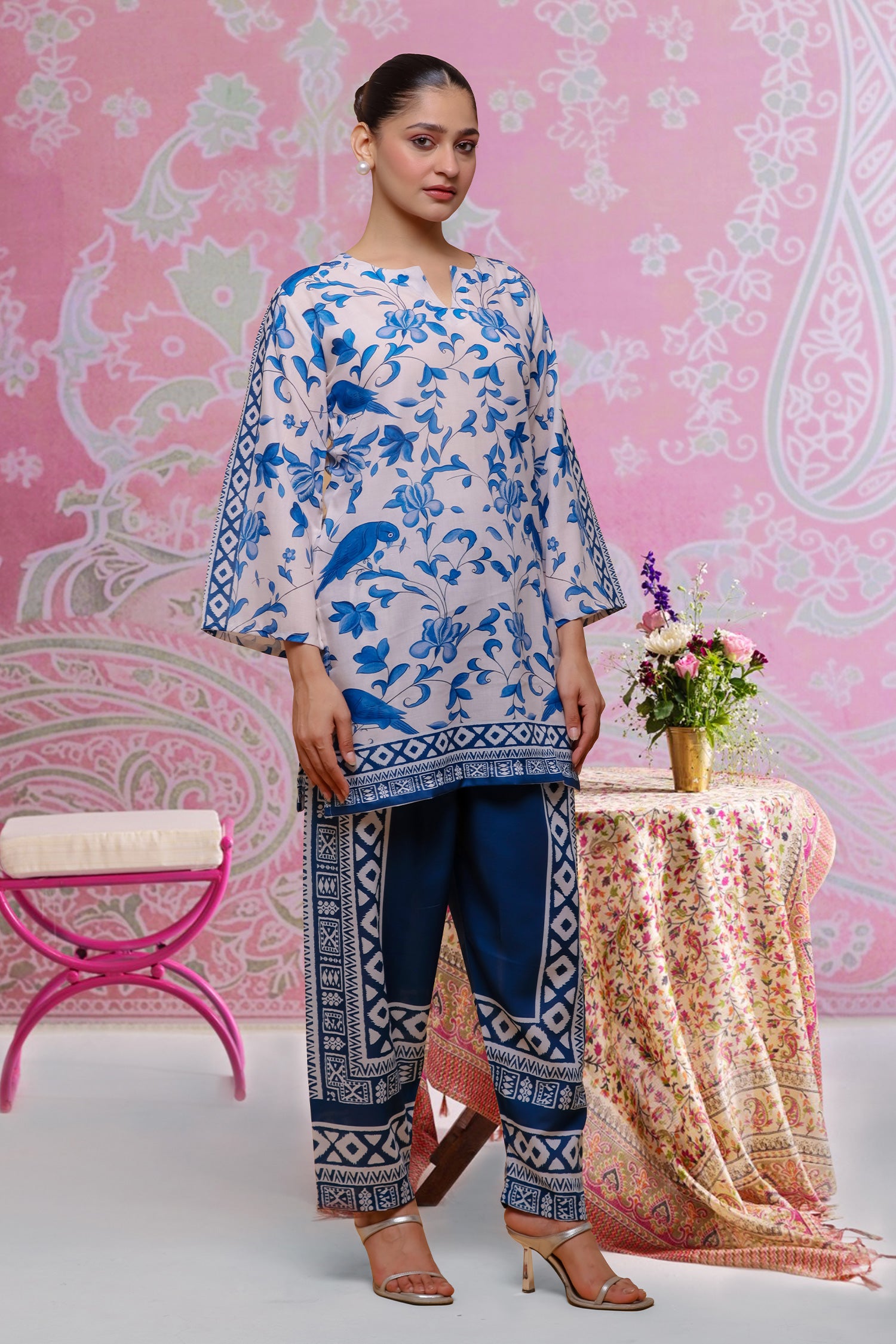 Neha x HOK in Ivory & Indigo Printed Lawn Cotton Co-ord Set with Straight Pants