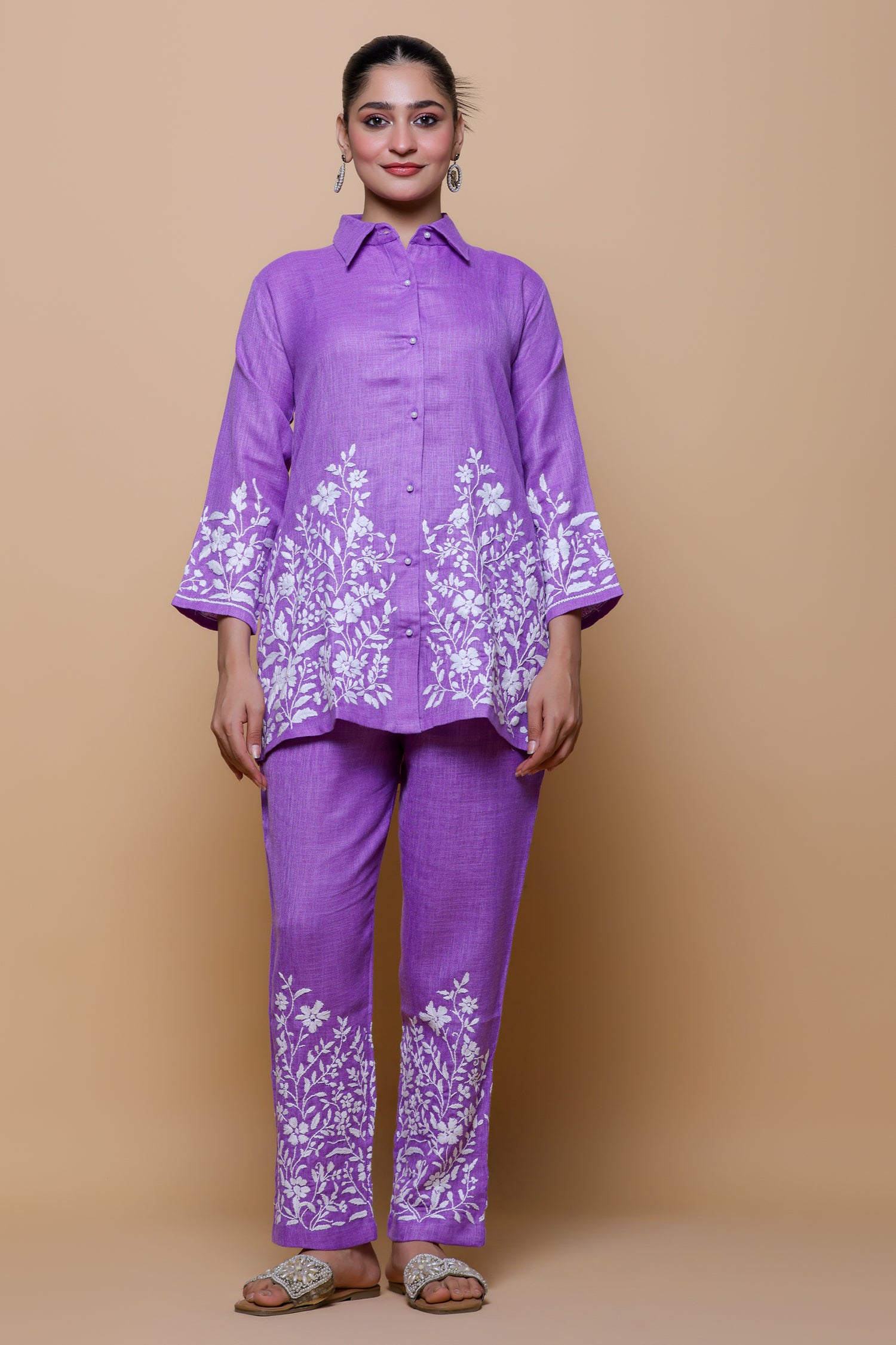 Slub Cotton Chikankari Kurta Set - Purple