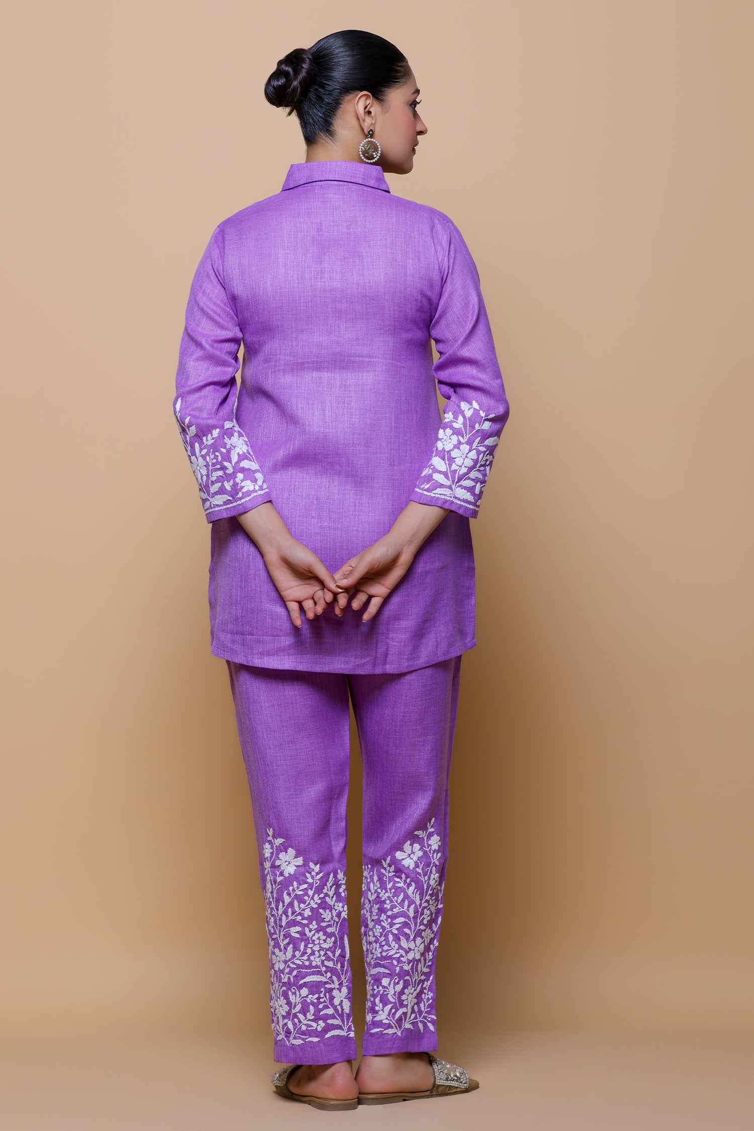 Slub Cotton Chikankari Kurta Set - Purple