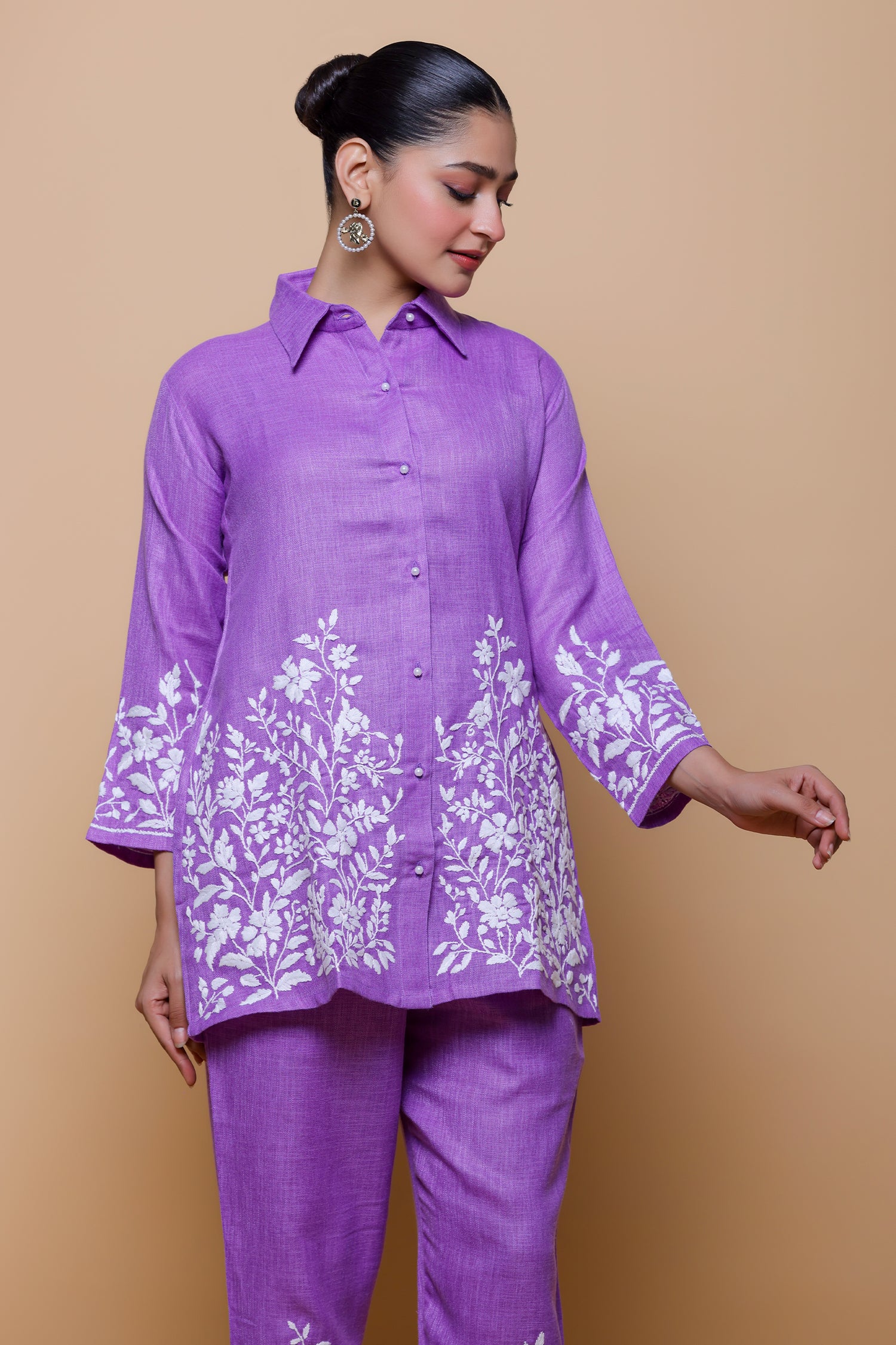 Slub Cotton Chikankari Kurta Set - Purple